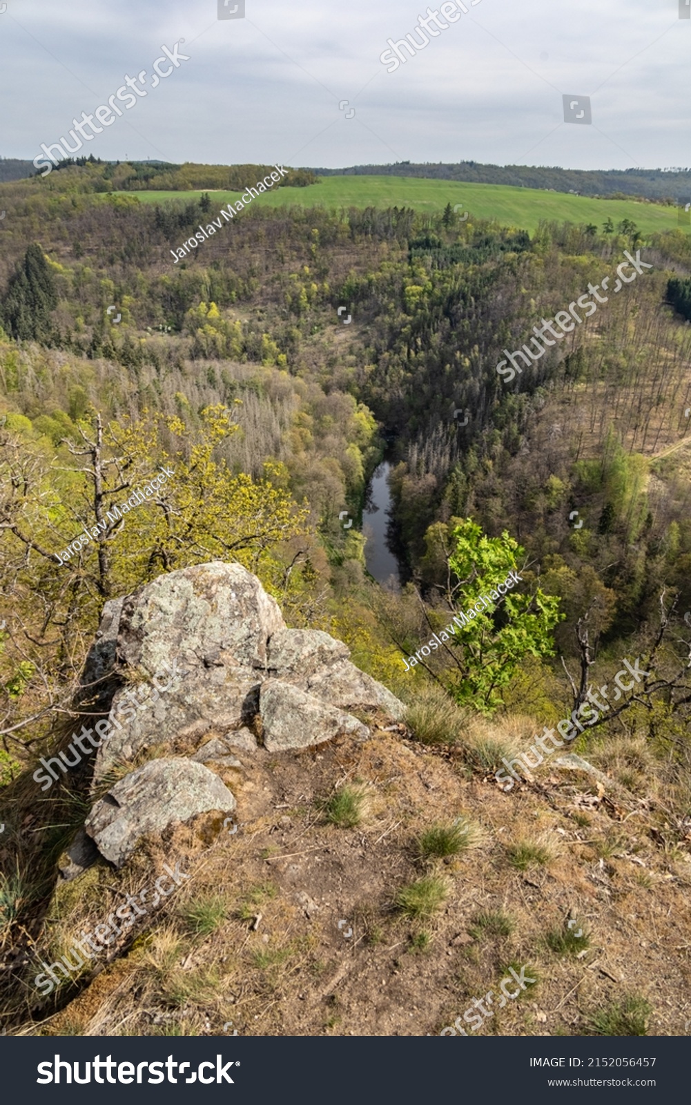 Rocky viewpoint under river (called Oslava) valley in spring landscape - Czech Republic, Europe #2152056457