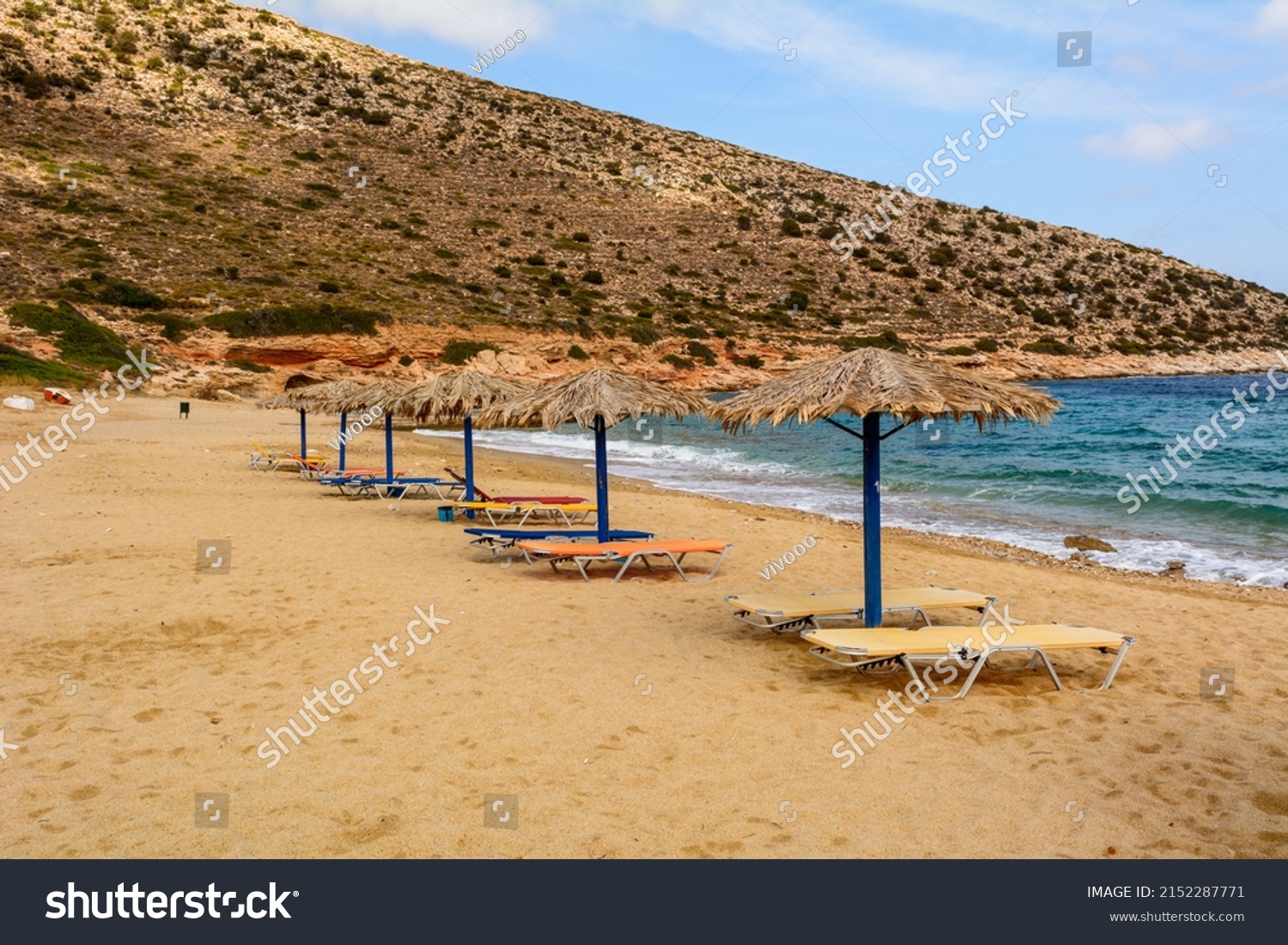 Agia Theodoti beach on Ios Island. A wonderful beach with the golden sand and azure waters. Cyclades, Greece #2152287771