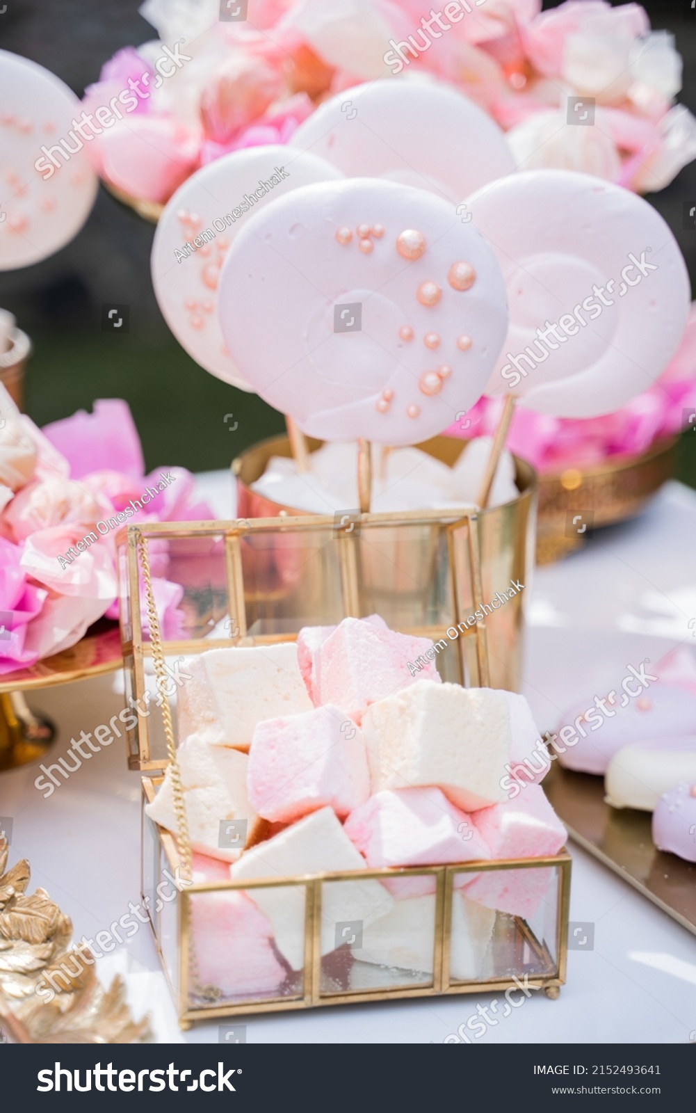 Platter of cake pops with pink icing, closeup. Candy bar and catering concept for birthday, wedding and other holiday celebration #2152493641