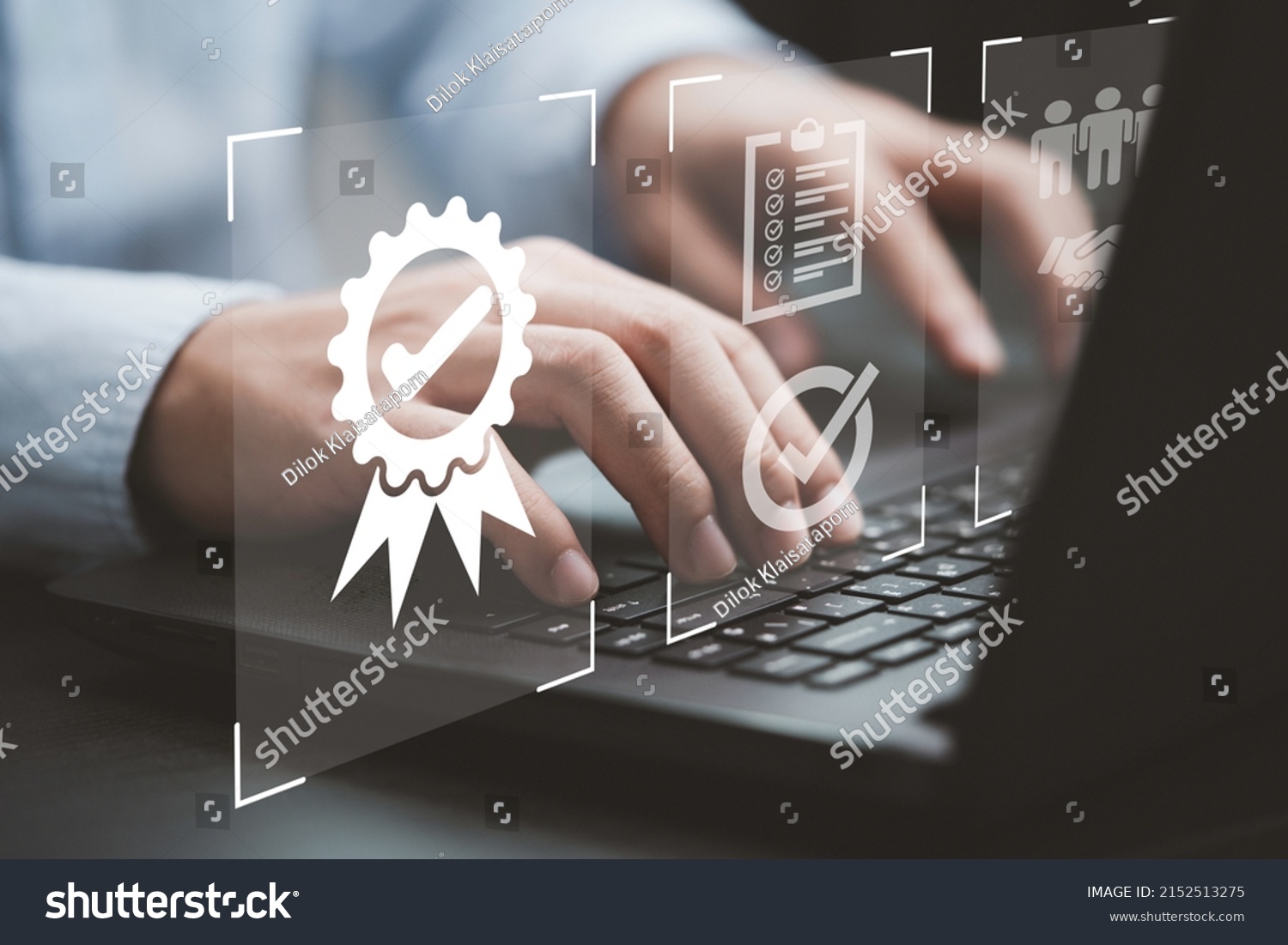 Businessman using laptop computer with quality assurance and document icon for ISO or International Standard Organisation which related quality control and continuous improvement concept. #2152513275