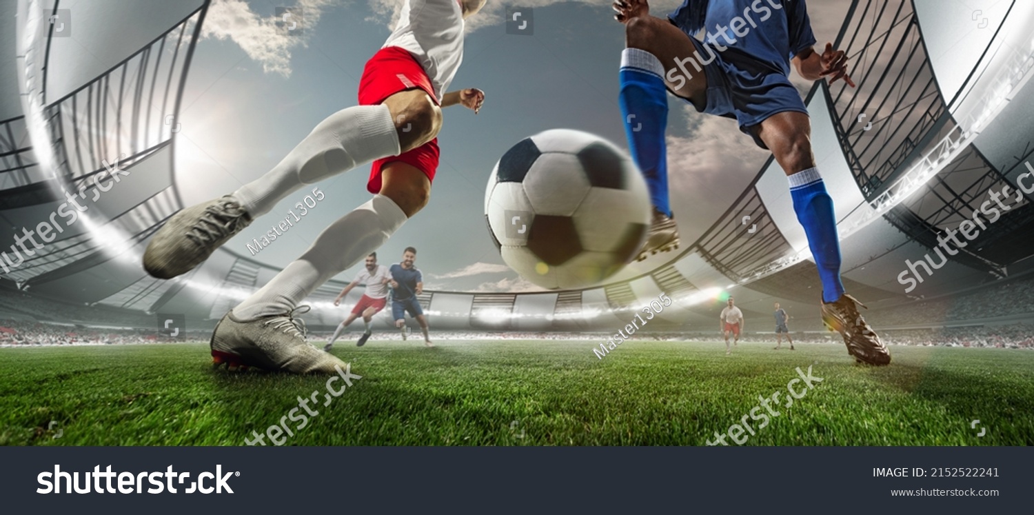 Attack. Collage with soccer, football players in motion, action at stadium during football match. Concept of sport, competition, goals. Collage, poster for ad. Bottom view, wide angle view #2152522241