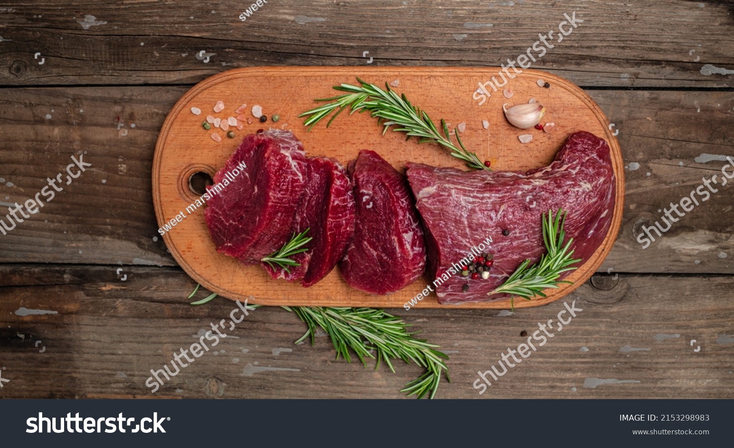 Beef Tenderloin fillet with rosemary and spices. Preparing fresh beef steak ready to cook, Long banner format. Restaurant menu, dieting, cookbook recipe. place for text. top view. #2153298983