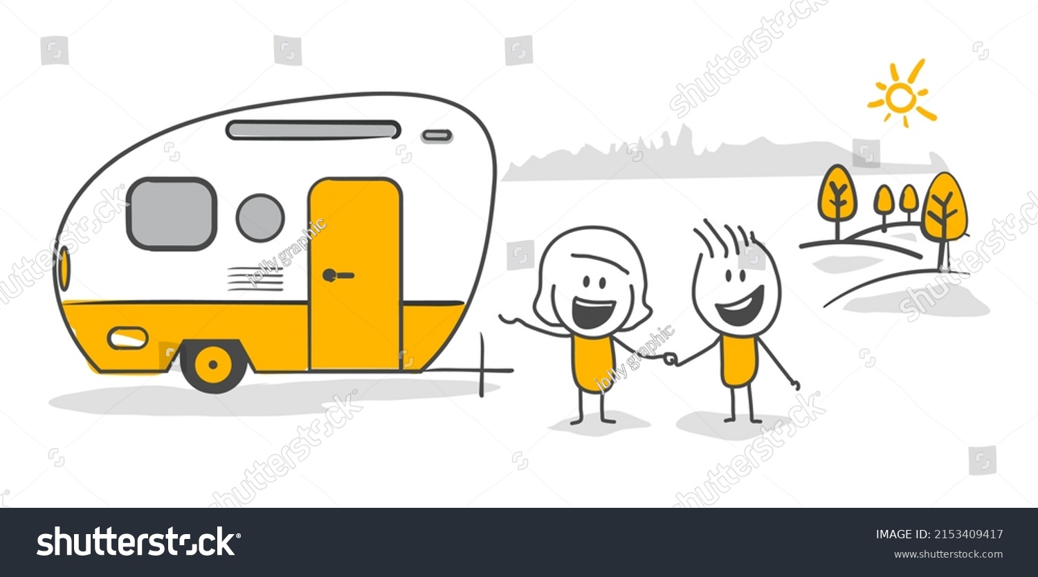 Stick figures. Mobile home for country and nature vacation. Road home Trailer. Recreational vehicle. Camping caravan car. Holiday trip concept.  #2153409417