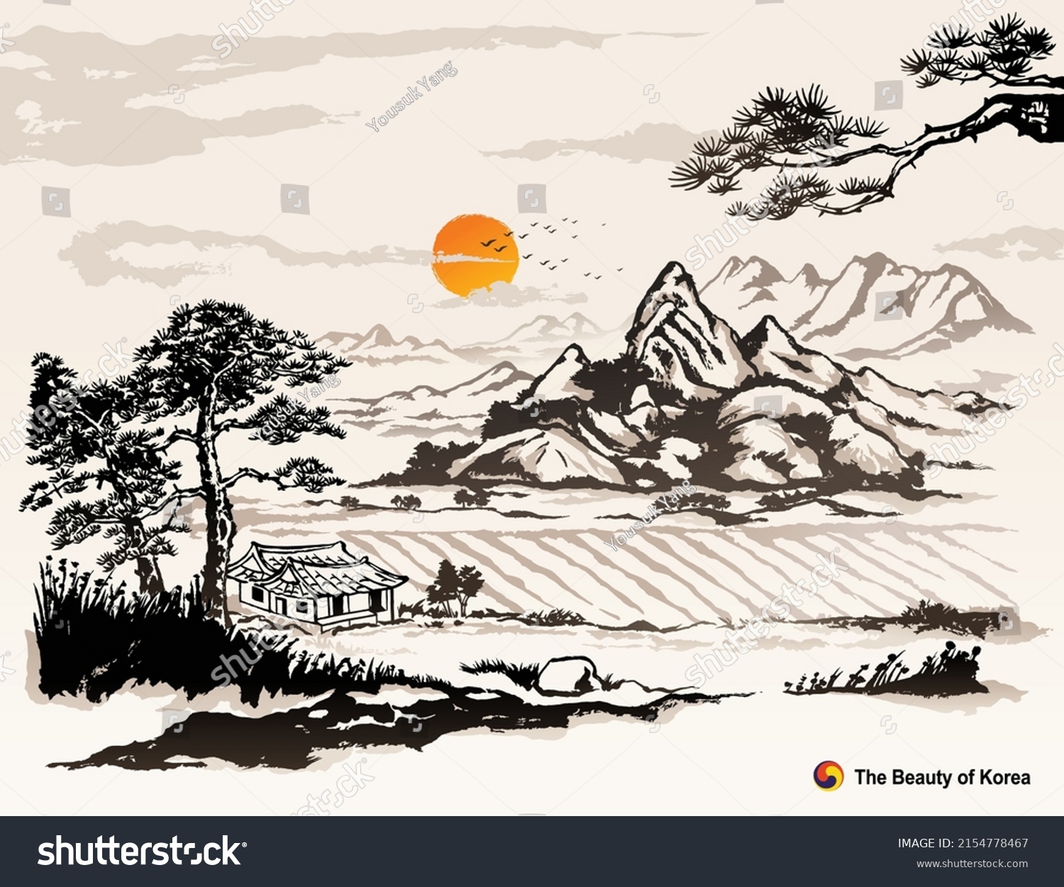 Beautiful Korea, mountains, pine trees, hanok, rural nature landscape, ink painting, Korean traditional painting vector illustration. #2154778467