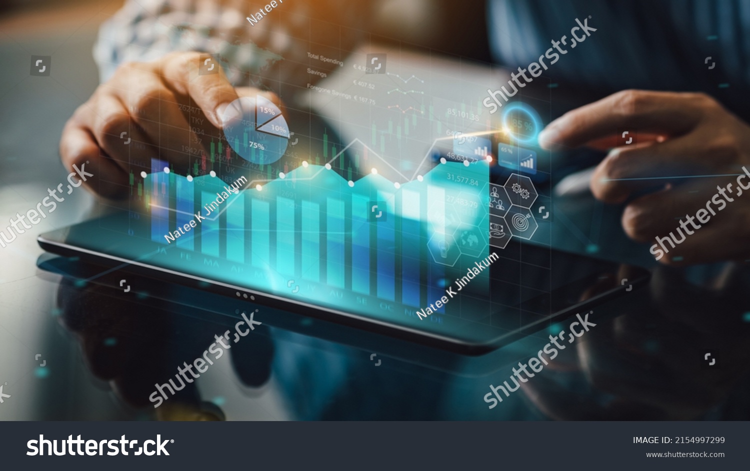 Business analysis big data screen and economic growth with financial graph. Concept of virtual dashboard technology digital marketing and global economy network connection. 3D illustration. #2154997299