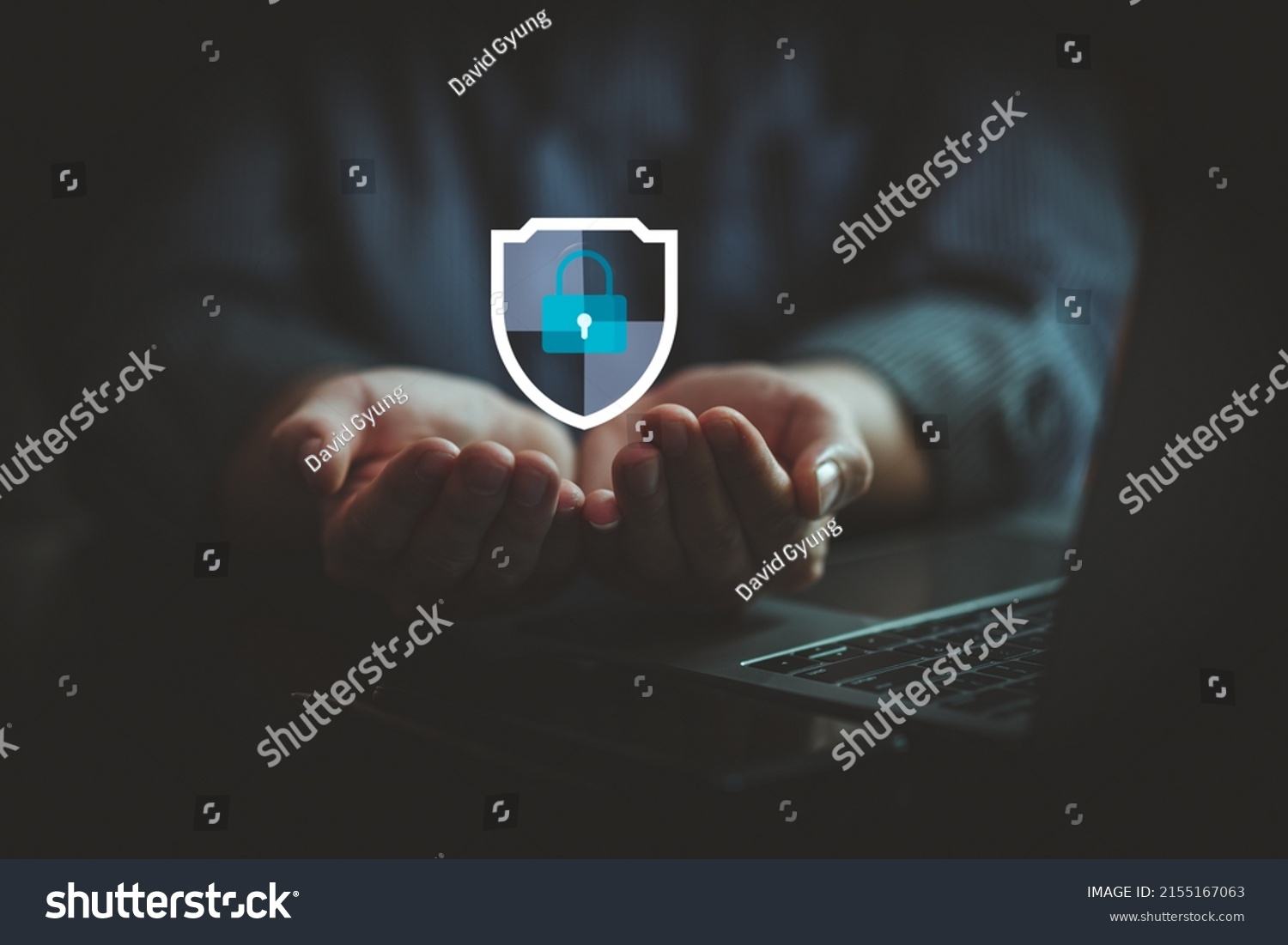 Protection network cyber security computer and safe your data concept, Businessman holding shield protect icon #2155167063