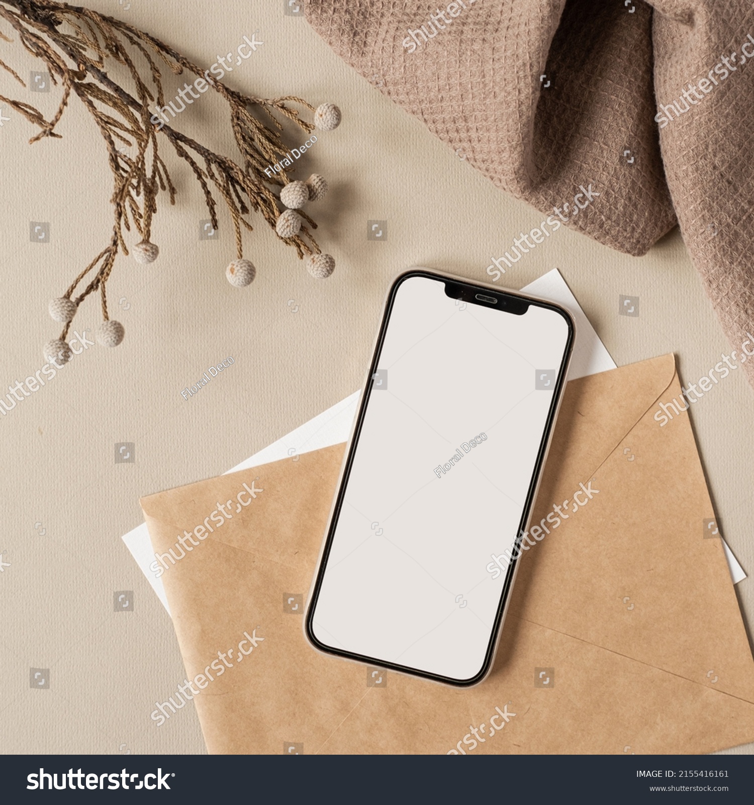 Flatlay of blank screen mobile phone, linen cloth on neutral beige background. Aesthetic home office desk workspace. Lady, girl boss business, work, blog template with mockup space. Flat lay, top view #2155416161