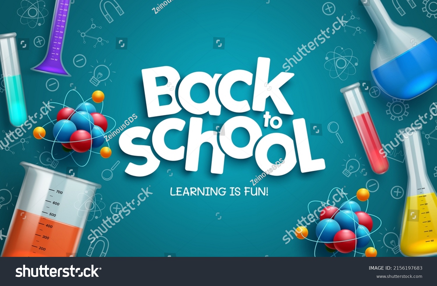 Back to school vector background design. Back to school text with science laboratory elements and knowledge icon in chalkboard for educational lab learning experiment . Vector illustration.
 #2156197683