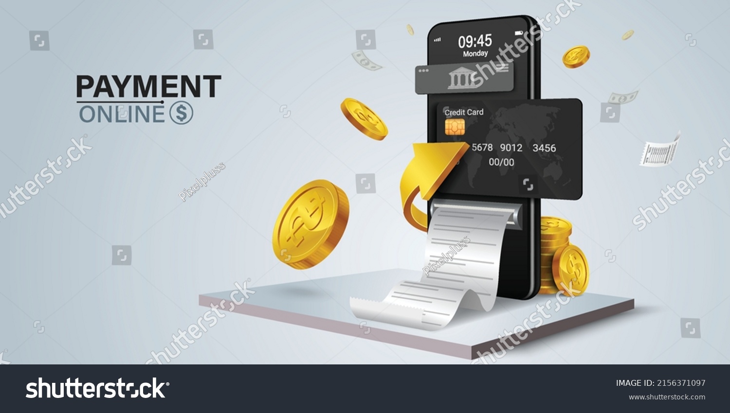 The credit card is on the smartphone and there are coins around it.Mobile payment concept without ATM or bank.
Cashback via mobile application or via credit card.
Paying bill using mobile phone bill. #2156371097