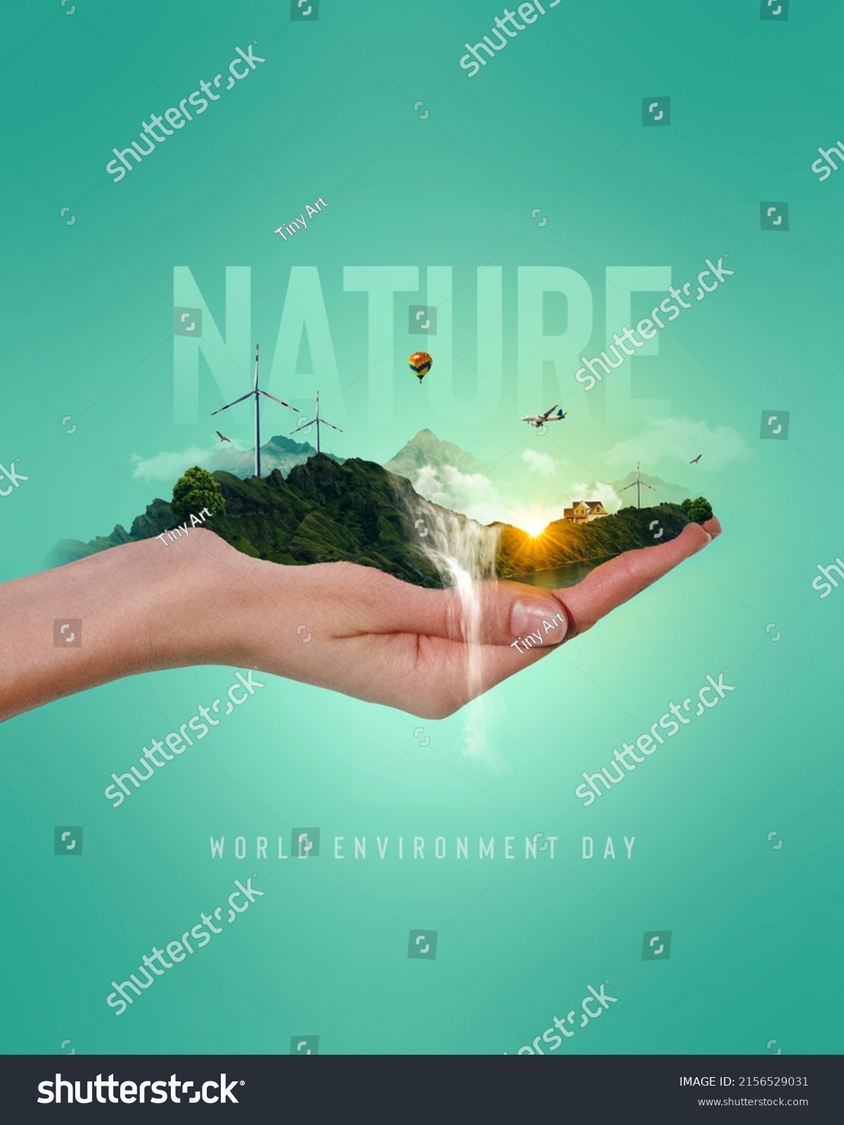World environment day text with a hand and nature landscape creative concept image manipulation.  #2156529031