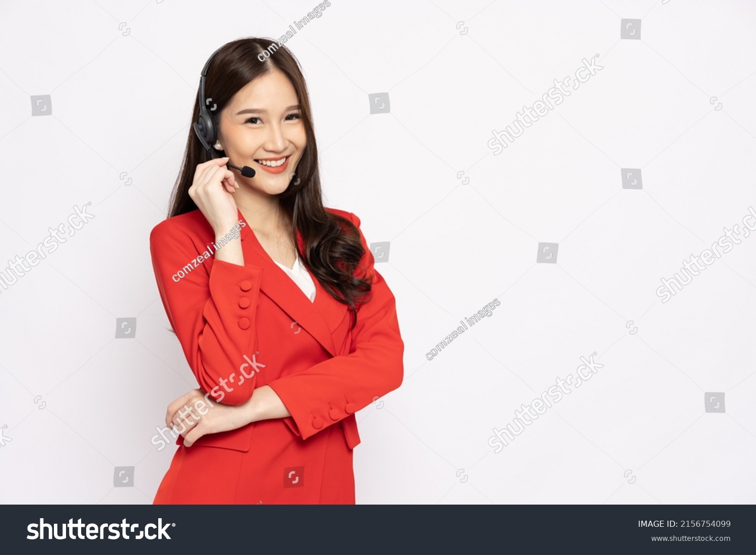 Young Asian businesswoman call center with headsets isolated over white background, Telemarketing sales or Customer service operators concept #2156754099