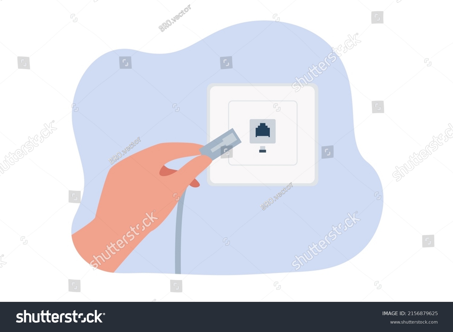 Hand plugging internet cable into wall socket. Network cable, Wi-Fi connection flat vector illustration. Internet, technology concept for banner, website design or landing web page #2156879625