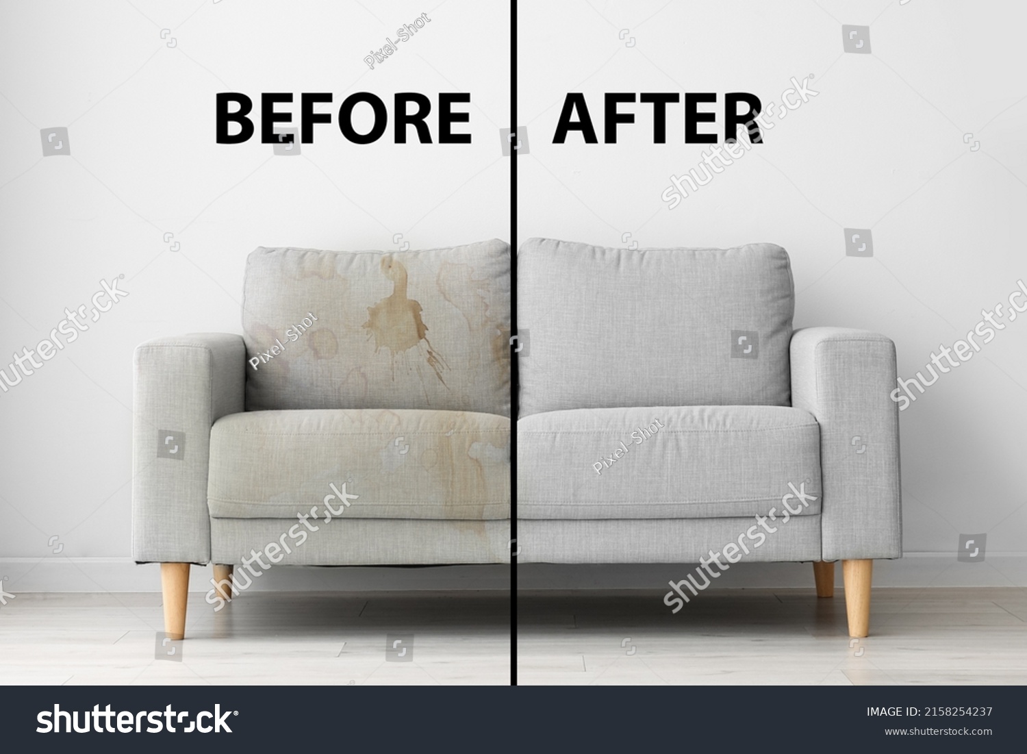 Sofa before and after dry-cleaning in room #2158254237