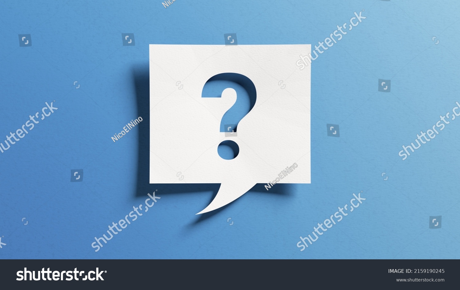 Question mark symbol for FAQ, information, problem and solution concepts. Quiz, test, survey, interrogation, support, knowledge, decision. Minimalist design with icon cutout paper and blue background. #2159190245