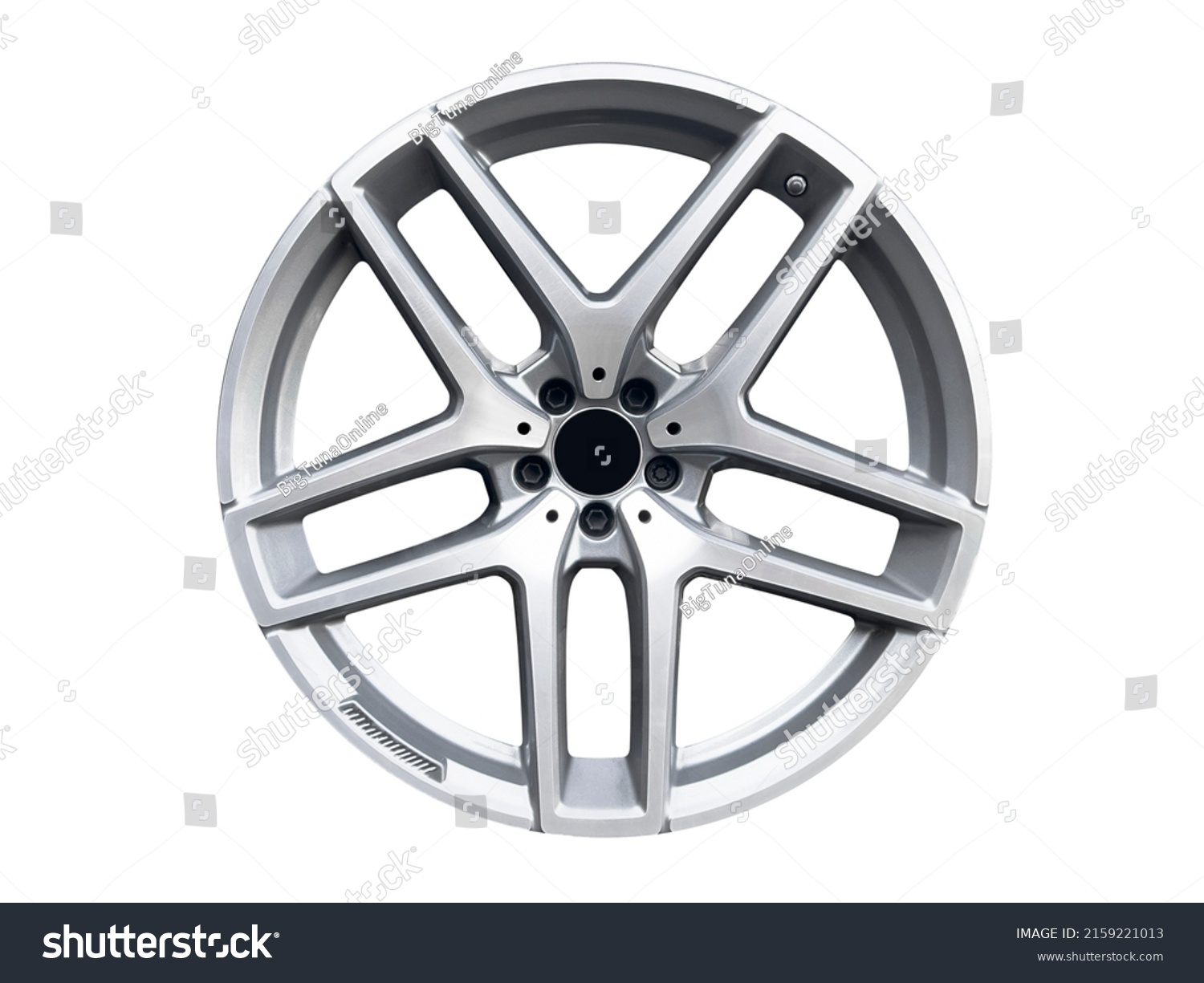 Car alloy wheel isolated on white background. New alloy wheel for a car on a white background. Alloy rim isolated. Car wheel disc. #2159221013