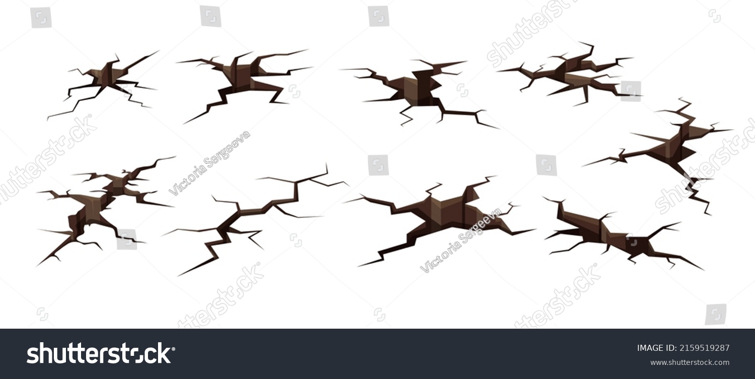 Cracks set in ground after earthquake color vector illustration. Disaster effects on asphalt road surface in cartoon style, crack damage  isolated #2159519287