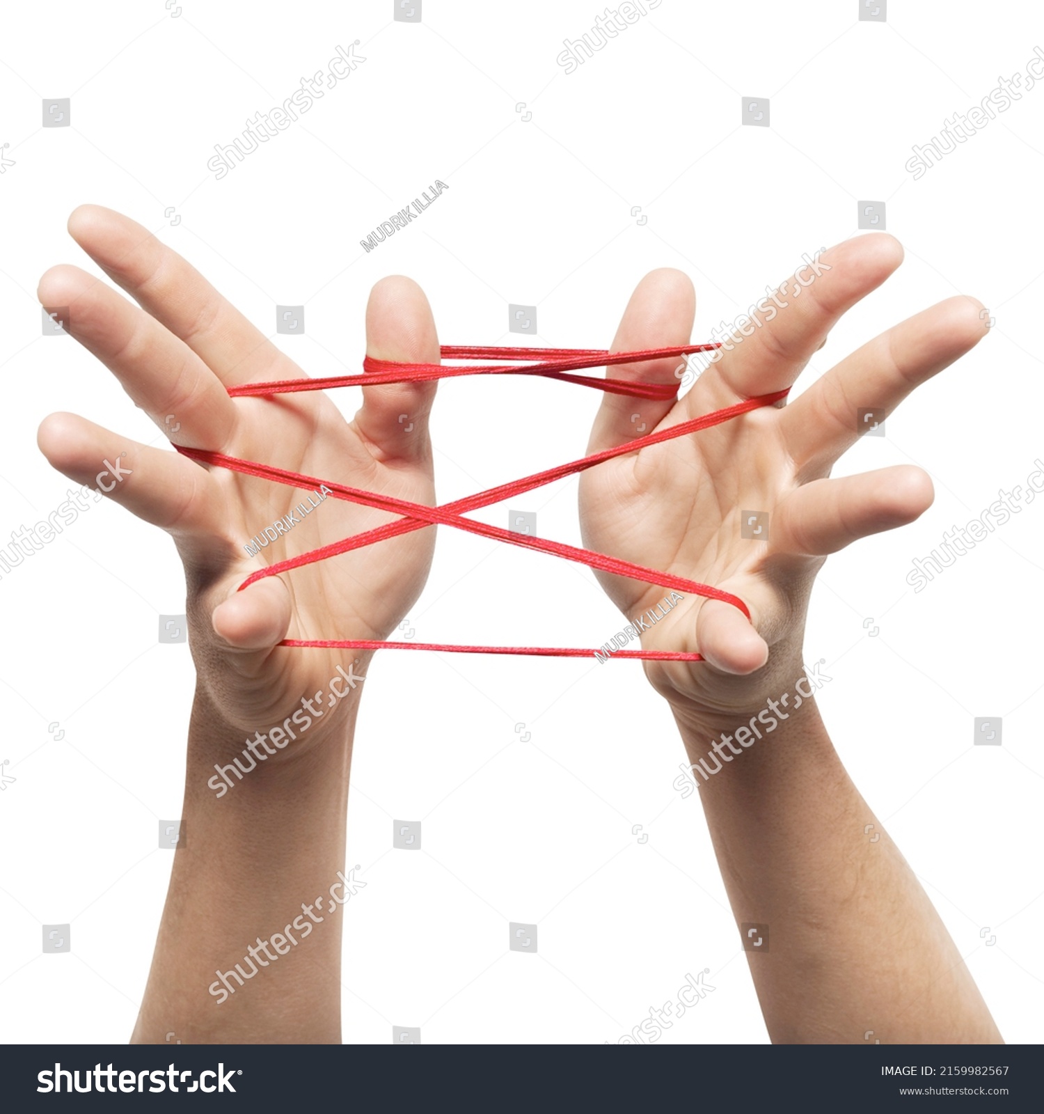 Man's hand holding a thread on a white background, isolated #2159982567