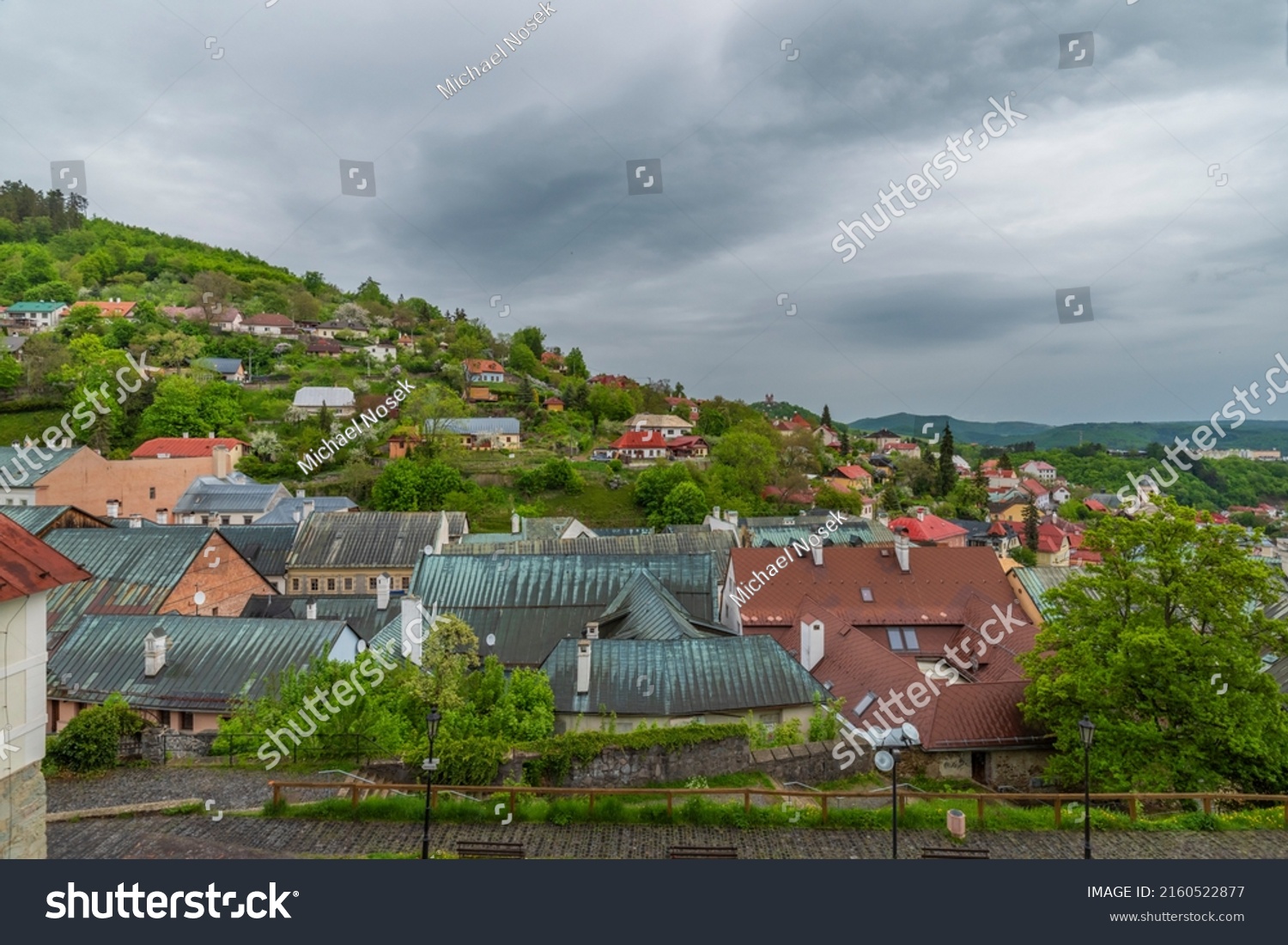 View in Banska Stiavnica town in cloudy day after rain in spring #2160522877