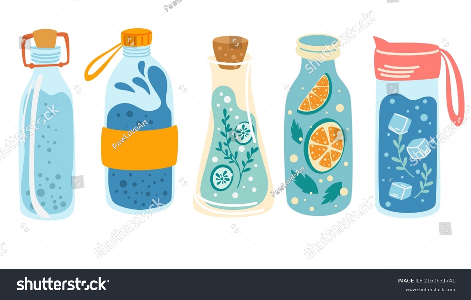 Water Bottles set. Concept detox drink, drinking water in a thermos, glass bottle. Ice water. Refreshing summer drink. Healthy lifestyle daily habits, wellness, morning rituals. Vector illustration #2160631741