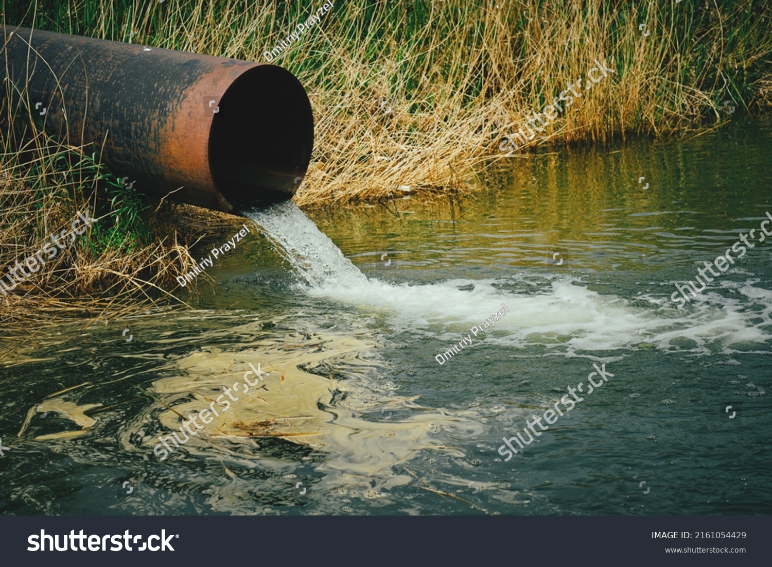 Draining sewage from pipe into river, pollution rivers and ecology #2161054429