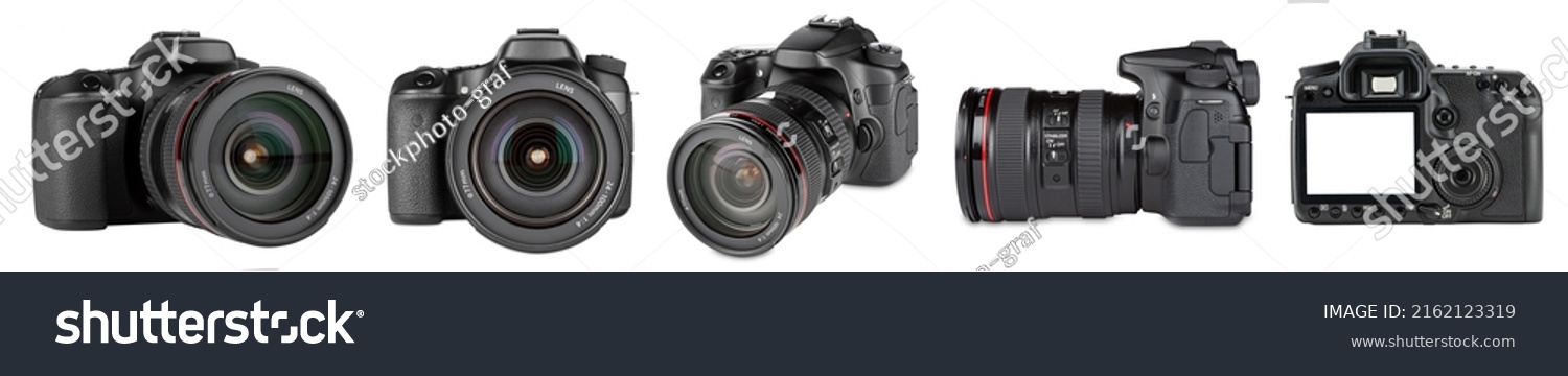set collection of professional DSLR photo camera body with zoom lens in various angles isolated on white background. media technology and photography concept #2162123319