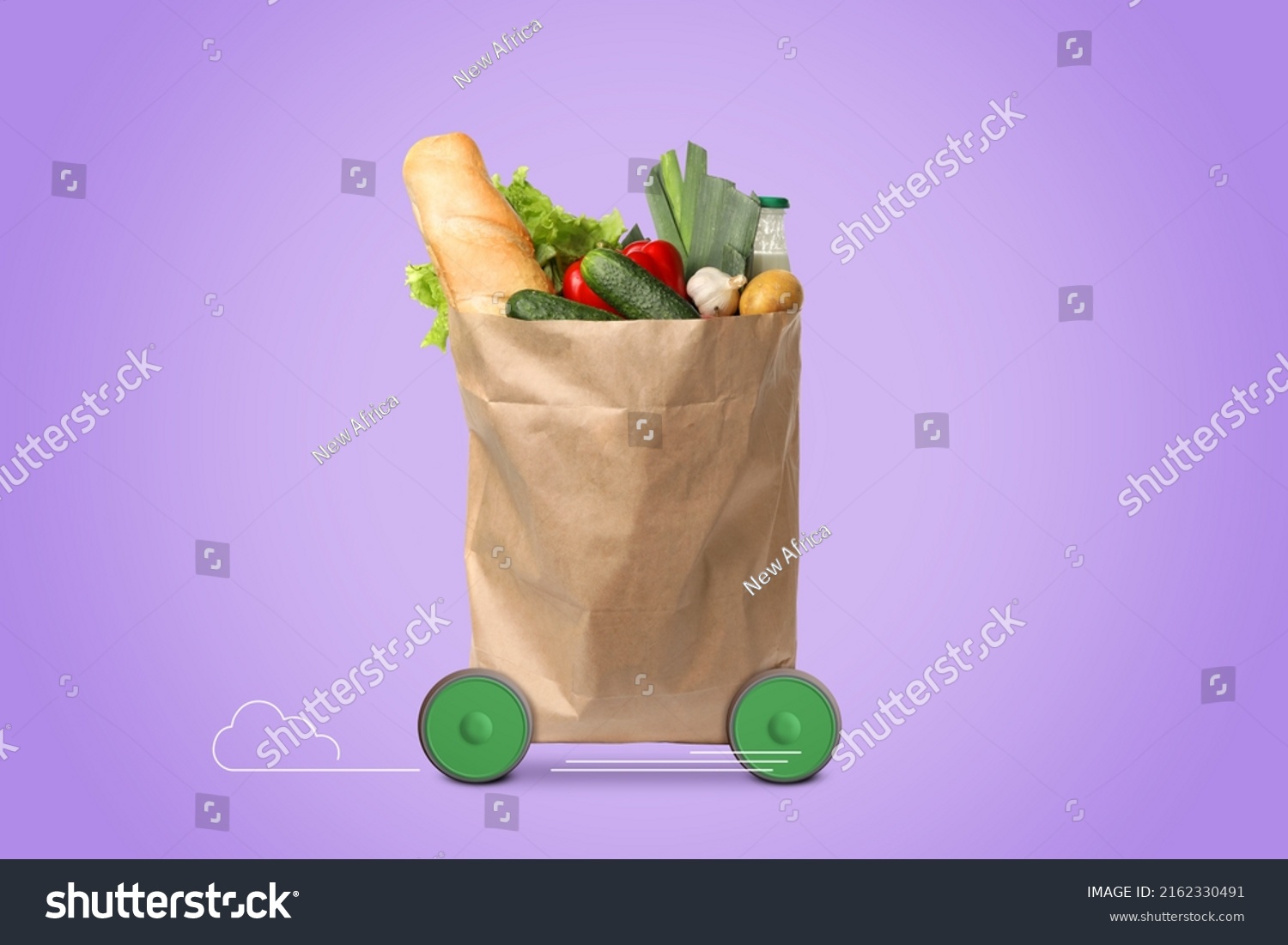Paper shopping bag full of products on wheels against violet background. Order hurrying to client. Food delivery service #2162330491