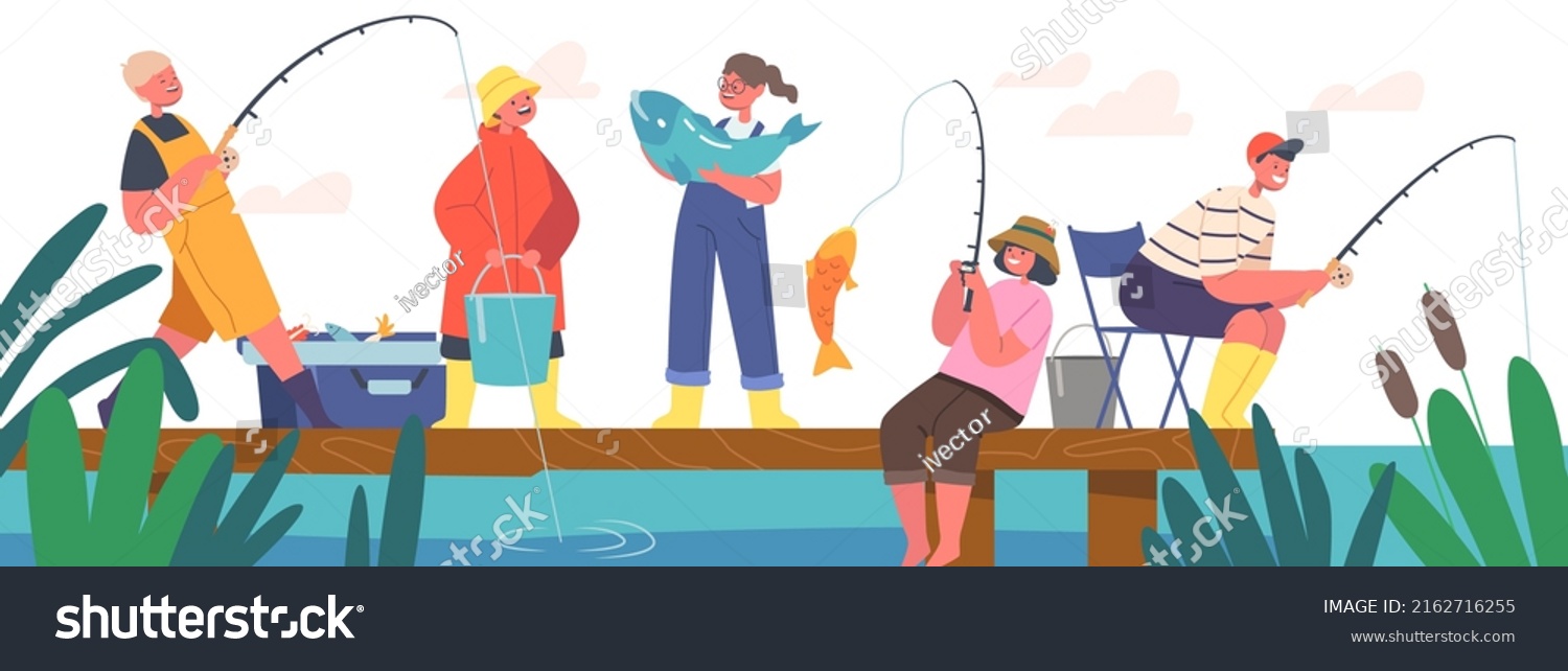 Children Fishermen Having Fun on Pond, Little Boys and Girls Fishing with Rods on Wooden Pier. Kids Characters Summer Time Recreation, Hobby, Leisure on Nature. Cartoon People Vector Illustration #2162716255