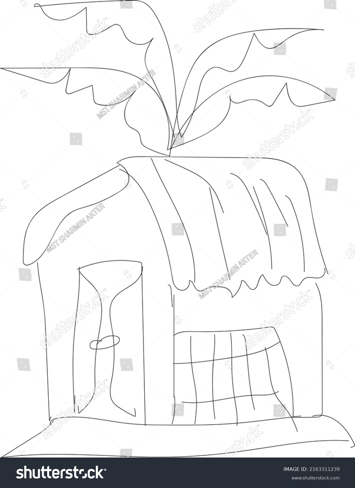 A Simple House with Banana Tree Line Art Design #2163311239