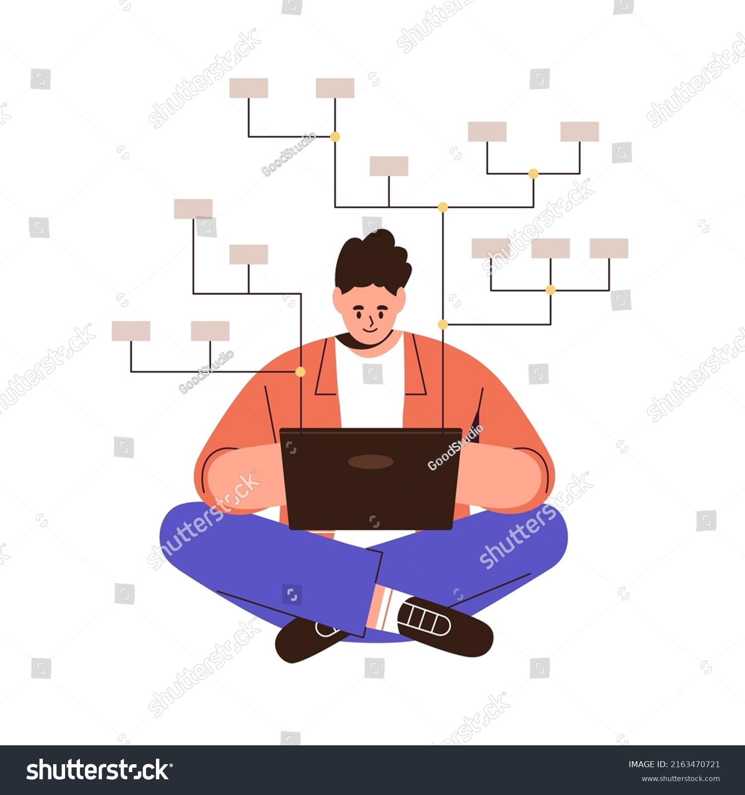 Data analysis, organizing structure of database concept. Man analyst building block scheme, developing arranged logic system, flowchart at laptop. Flat vector illustration isolated on white background #2163470721