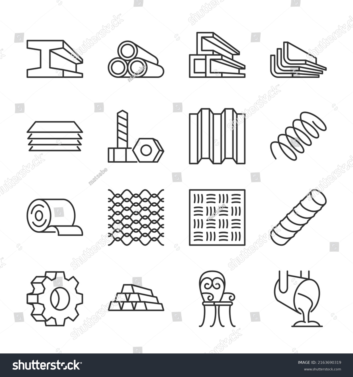 Metal products icons set. Fabrication of metal raw materials, parts, linear icon collection. T-beam, tube, channel, angle, hardware, bending, spring, mesh, metal bar, gear, casting. Line with editable #2163690319