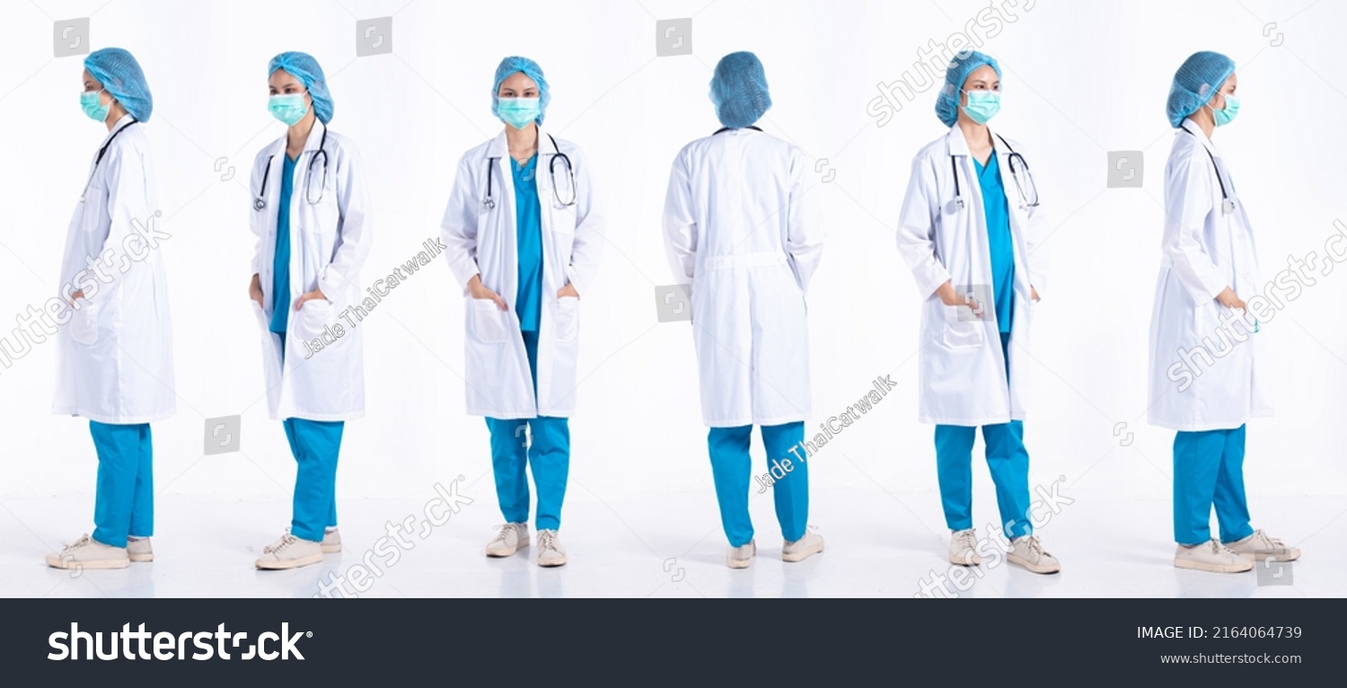 Full length 20s young Mix Race hospital Doctor Woman, 360 front side rear back view, wear mask stethoscope coat uniform. Surgeon female feels happy smile over white background isolated #2164064739