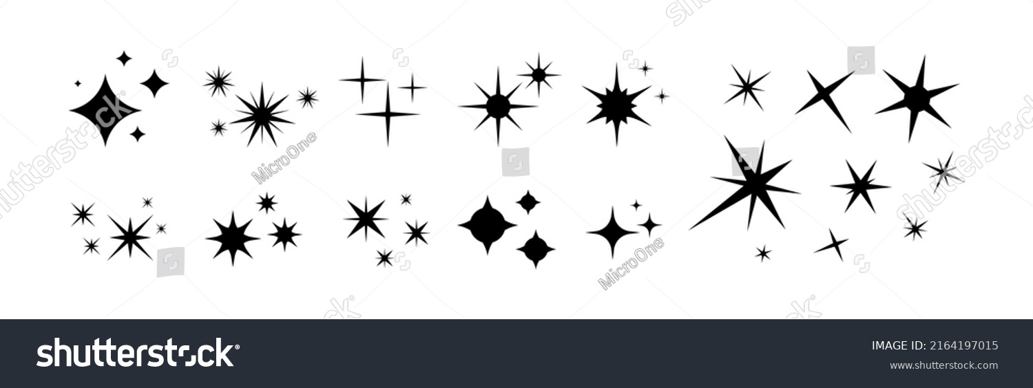 Stars sparkle compositions. Shine black stars stencil, isolated diverse sparkling elements. Sky objects, blink vector signs clipart #2164197015
