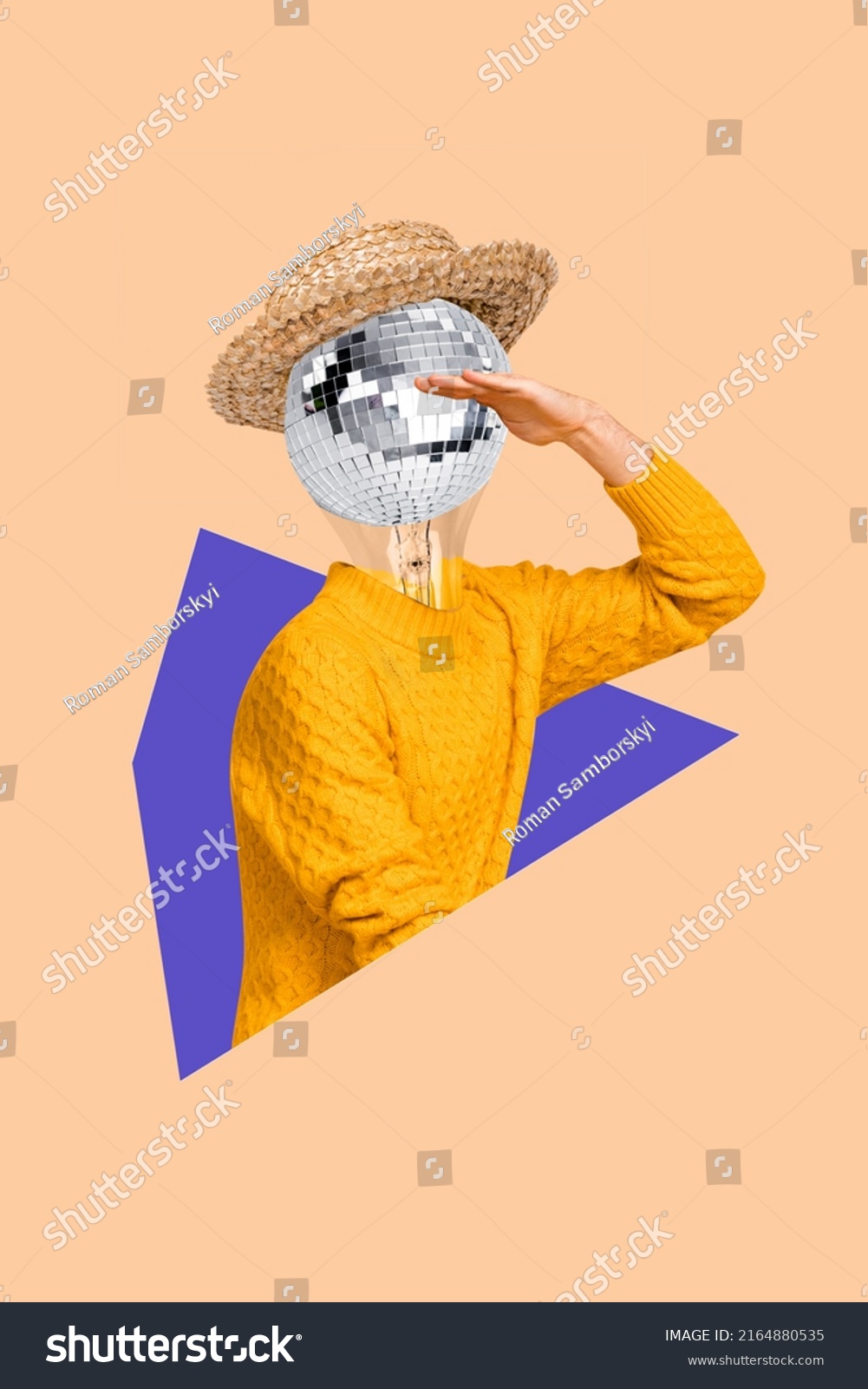 Vertical creative collage image of person glowing disco ball instead head look interested far away #2164880535