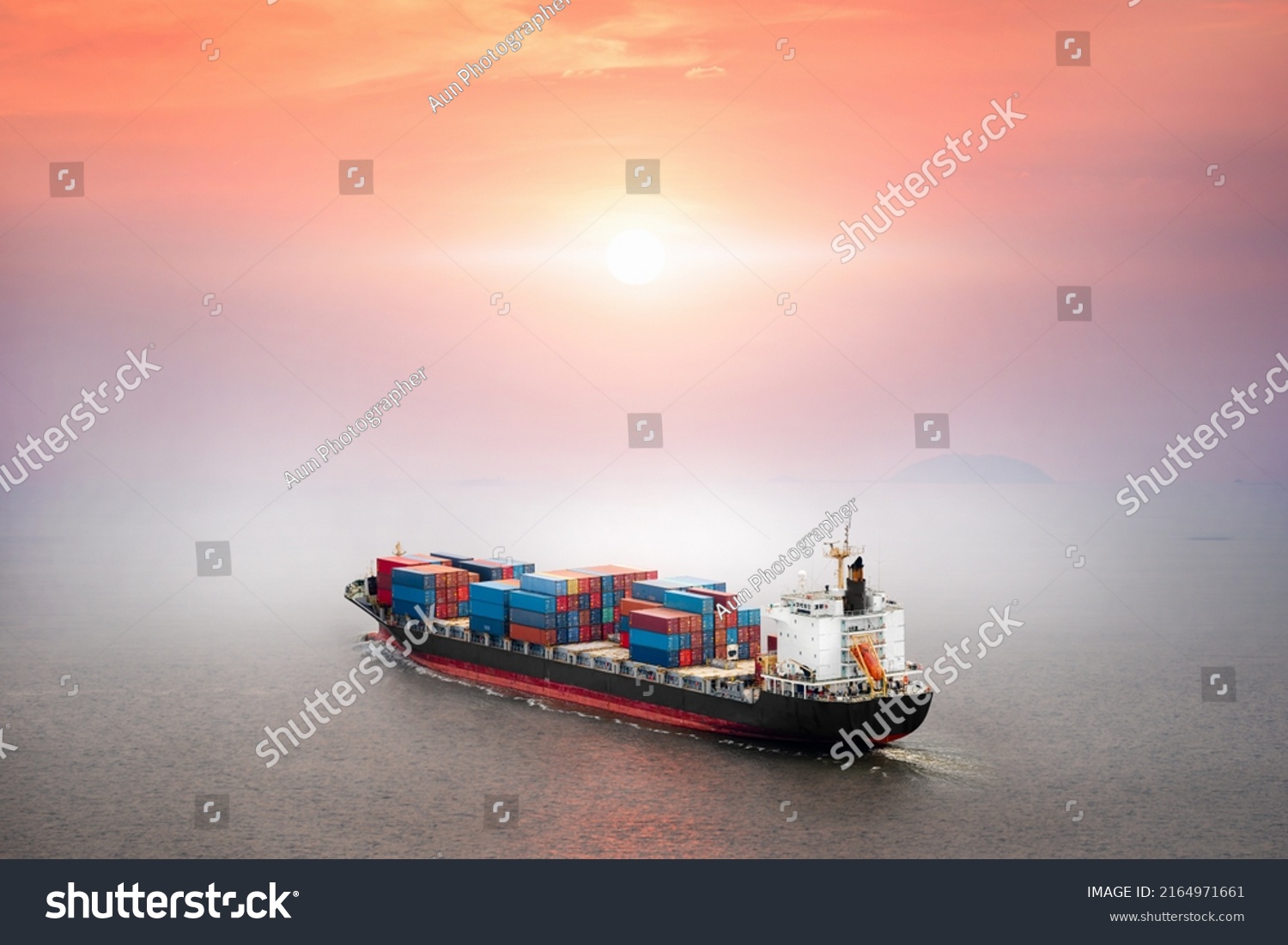 Container ship in the ocean at sunset sky background with copy space, Global business logistics import export goods of freight carrier, cargo transportation industry concept, Sea Freight Shipping #2164971661