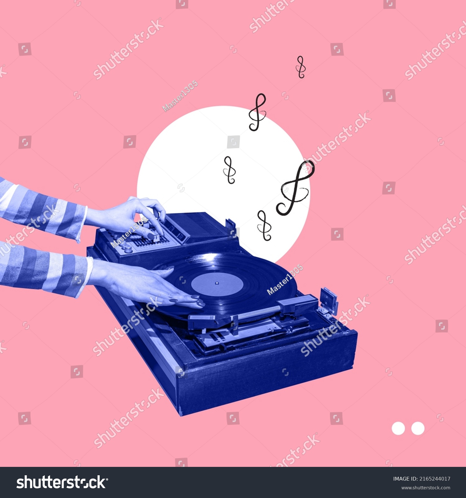 Colorful image of female hands spinning retro vinyl record player like a dj isolated over pink background. Contemporary art collage. Poster graphics. Concept of fashion, music, mix old and modernity #2165244017