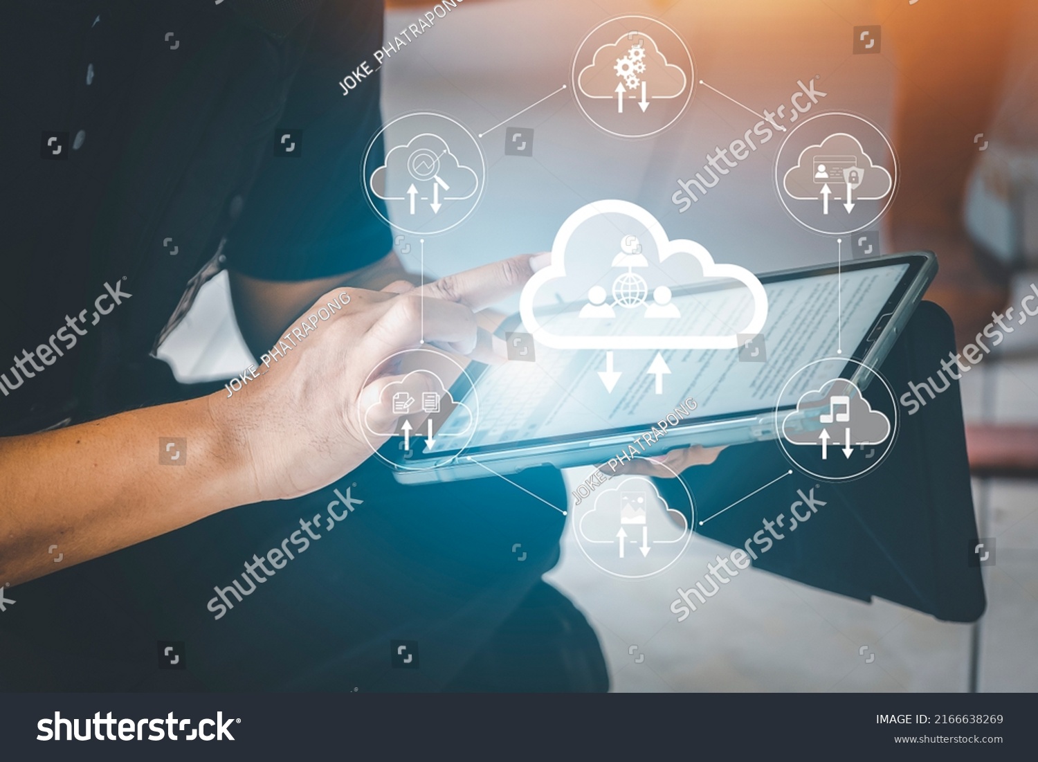 remote work, born in cloud and digital native business concept. man use Digital tablet with cloud economic team diagram show virtual desktop. Cloud technology. modernization business #2166638269
