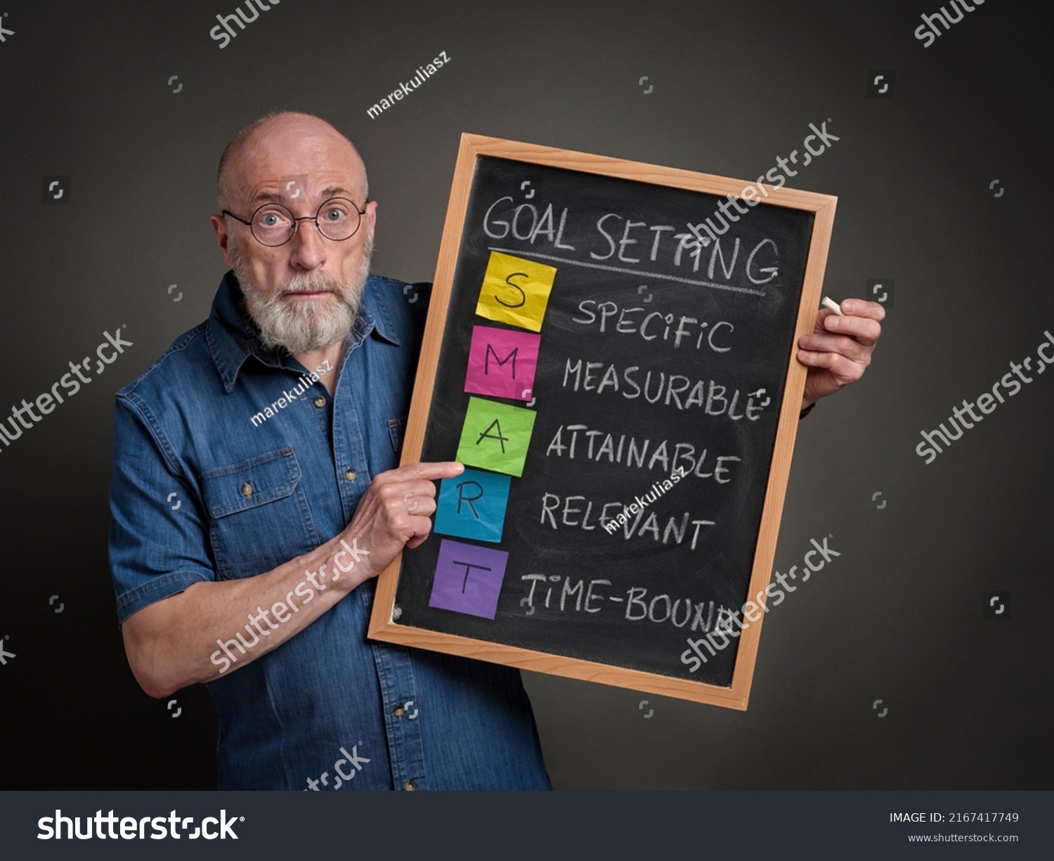 SMART goals ((Specific, Measurable, Attainable, Relevant, Time-bound), Senior man is sharing goal setting methodology on a blackboard. #2167417749