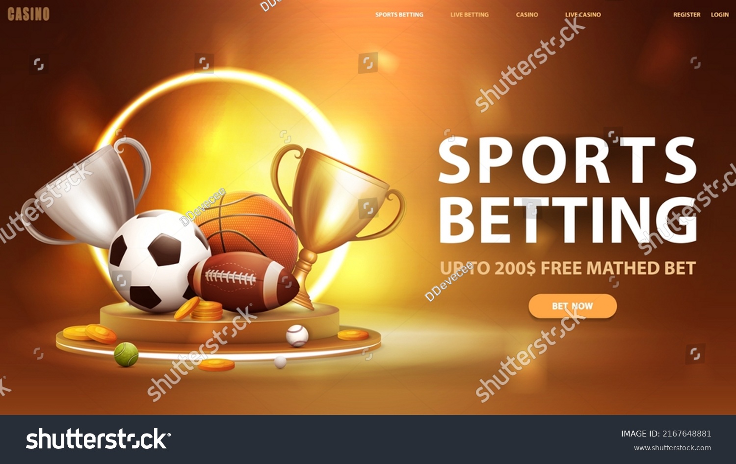 Sports betting, yellow banner for website with button, podium with yellow neon ring on background, champion cups and sport balls on podium #2167648881