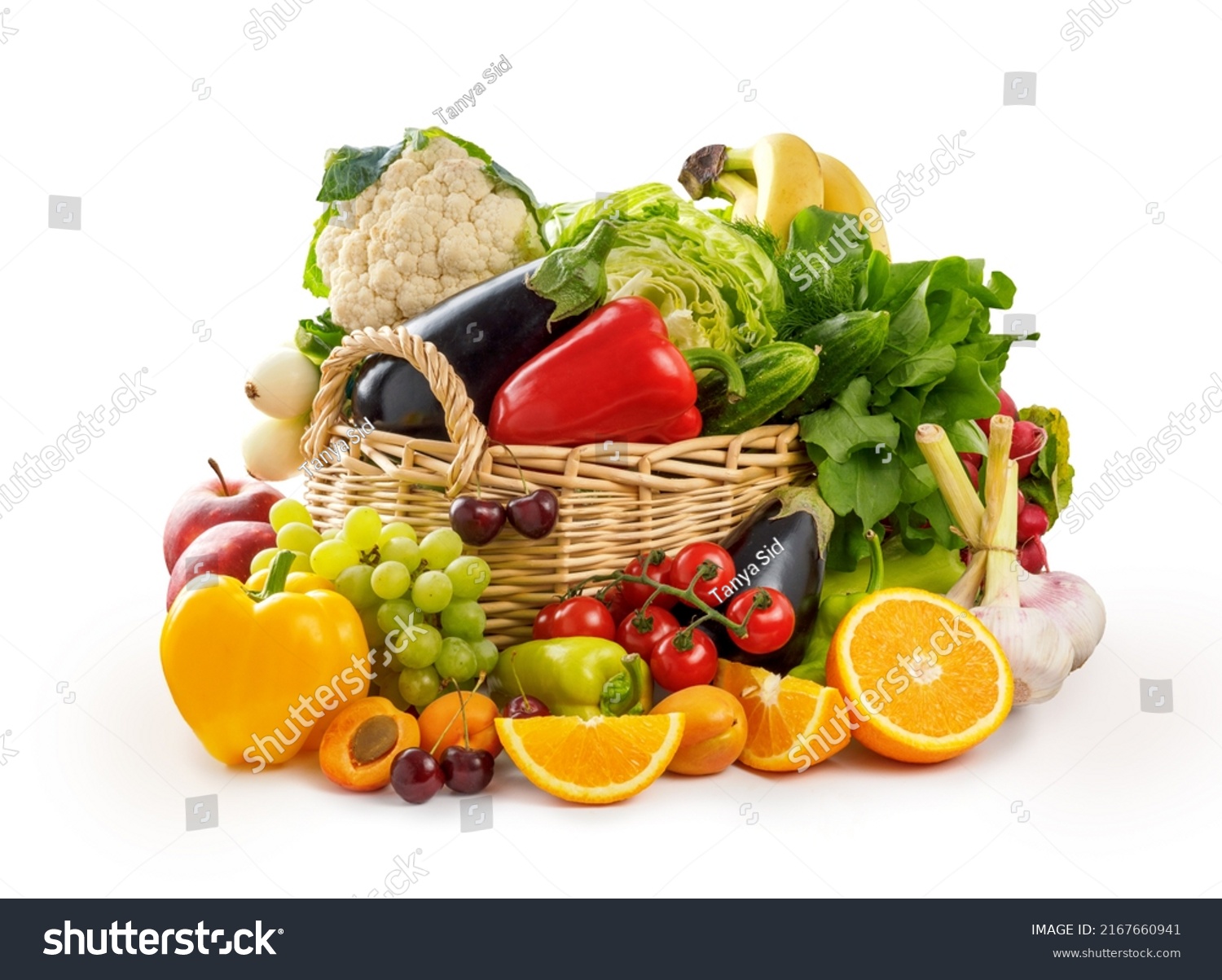 Vegetables and fruits in wicker basket isolated. Organic vegetable on white background #2167660941