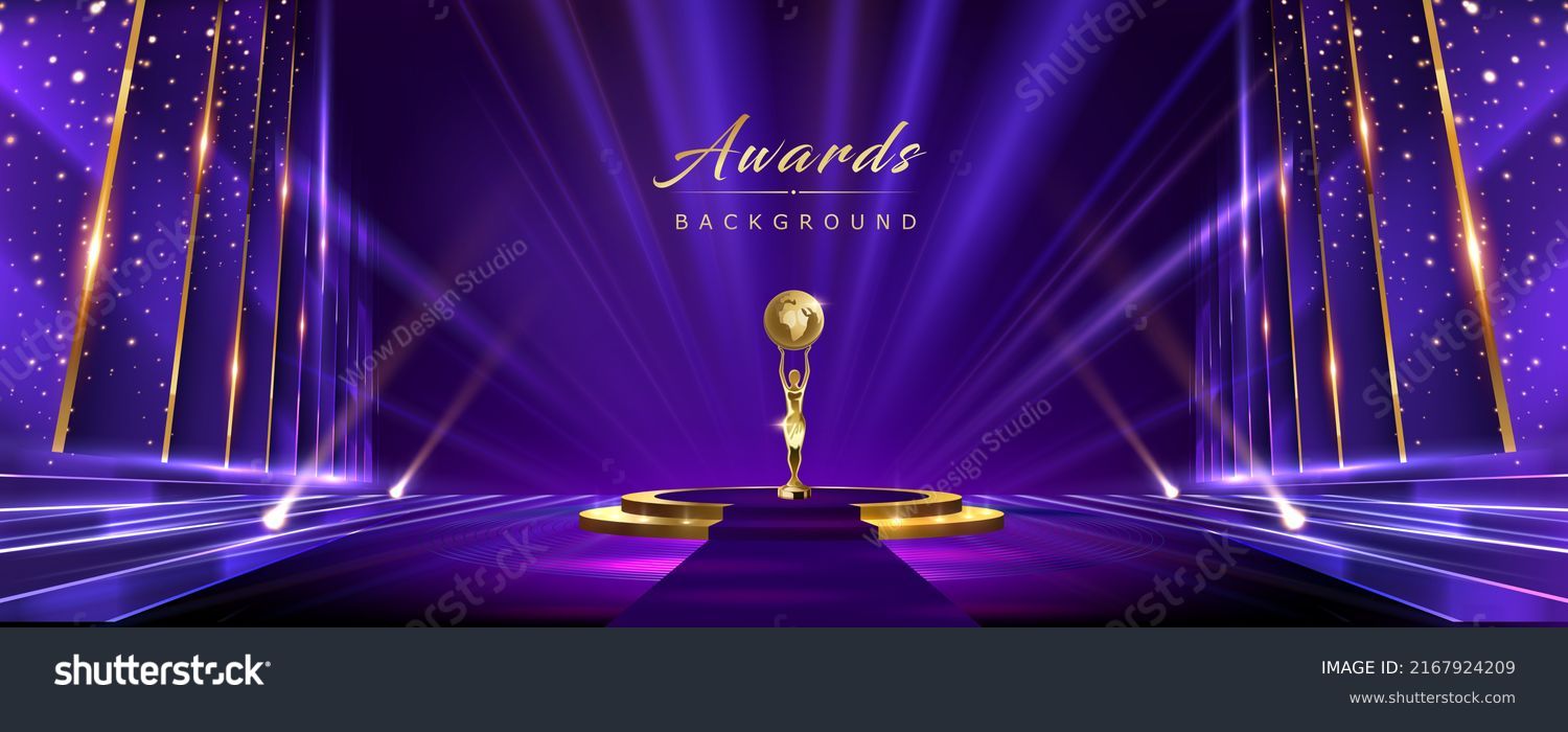 Golden Blue Purple Award Background. Jubilee Night Decorative Invitation. Trophy on Stage platform with spotlight. Wedding Entertainment Hollywood Bollywood Night. Elegant Luxury Steps Floor. #2167924209