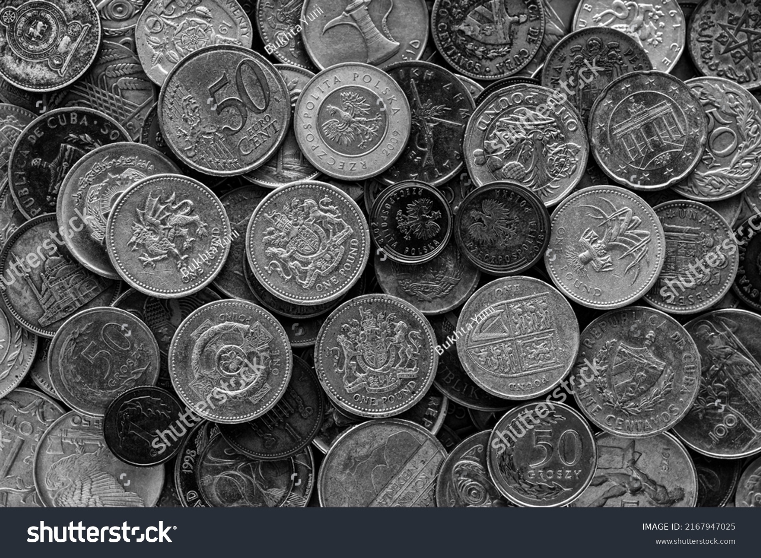 Background of Euro coins money.Numismatics.United kingdom Pound coin.US coins.Coins of different countries of the world. Iron money.Collection  #2167947025