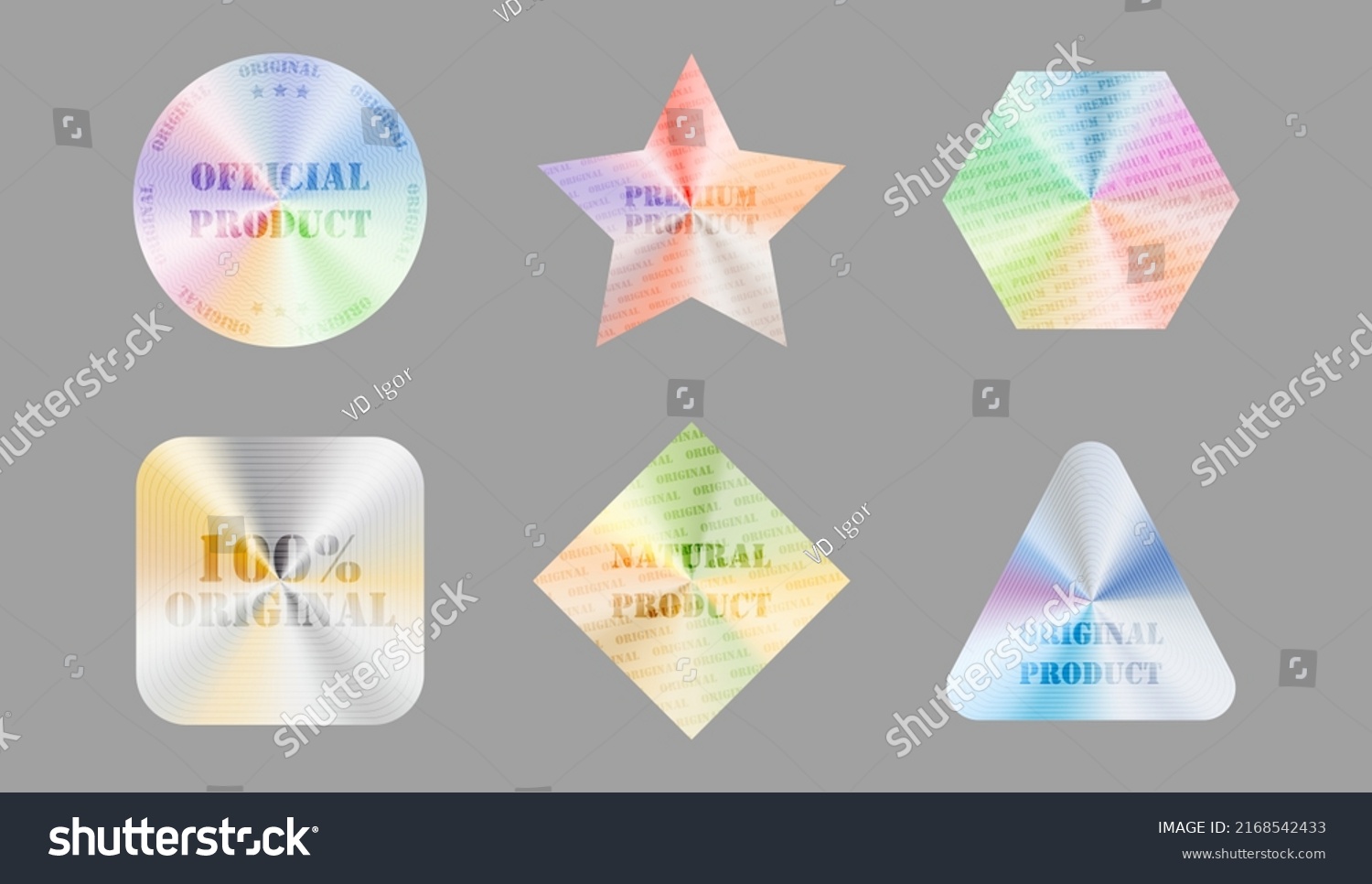 Holographic stickers for stamp. Hologram label set in different shapes. Collection of genuine signs for design. Product certification and guarantee symbol with watermark. Vector isolated illustration #2168542433