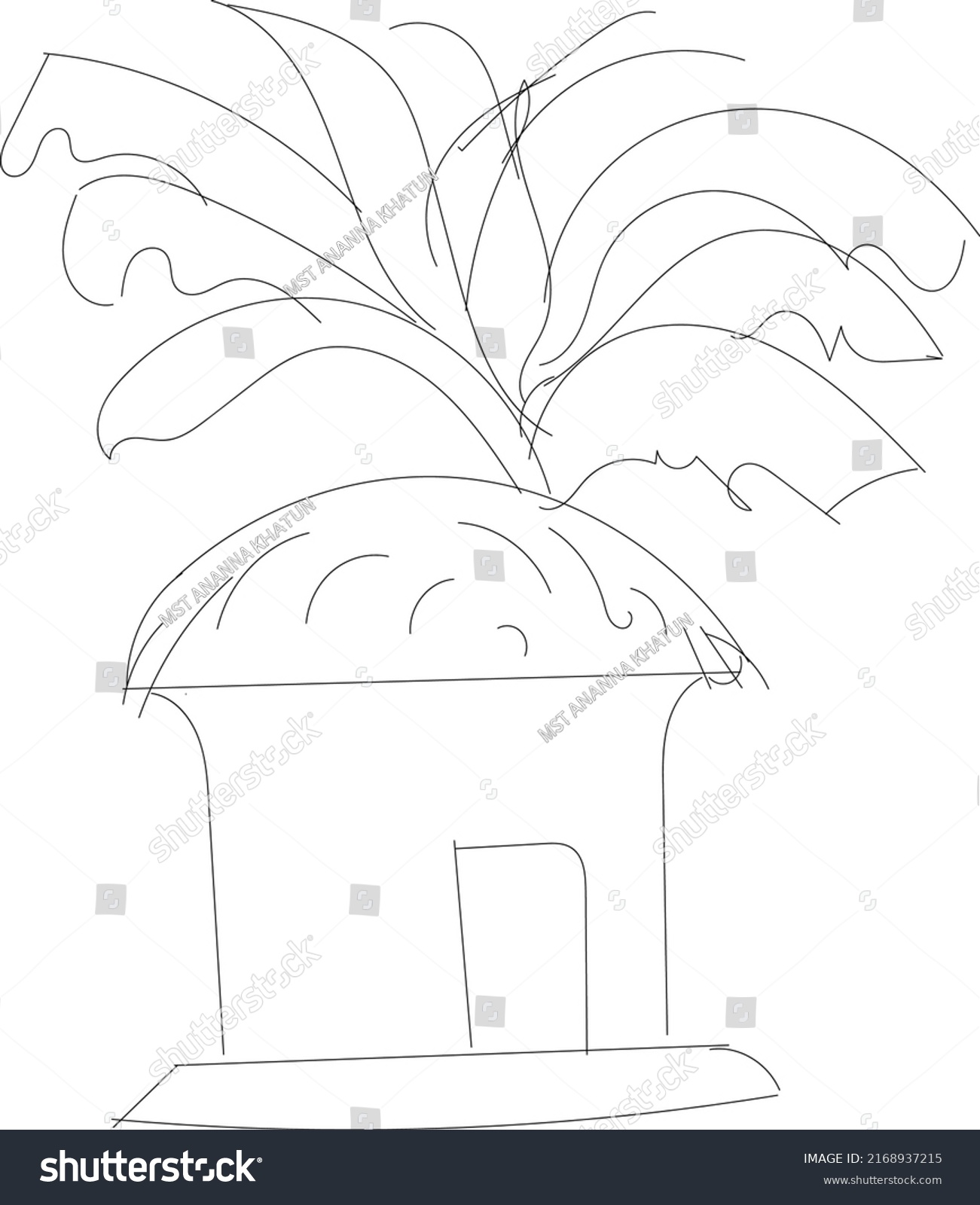 A Simple House and Banana Tree Line Art Design #2168937215