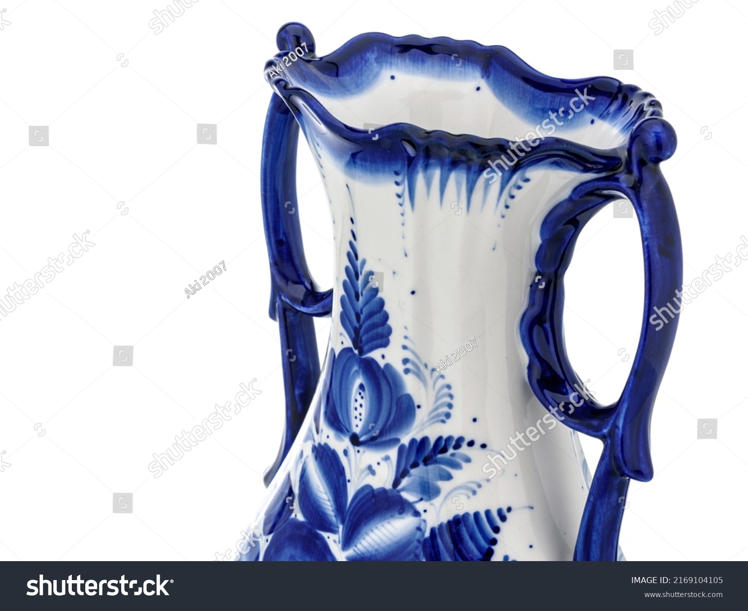 Cobalt Blue Porcelain Ceramic Vase Isolated on white. Traditional folk painting with pattern. Decor for interior design of premises, use for flower #2169104105