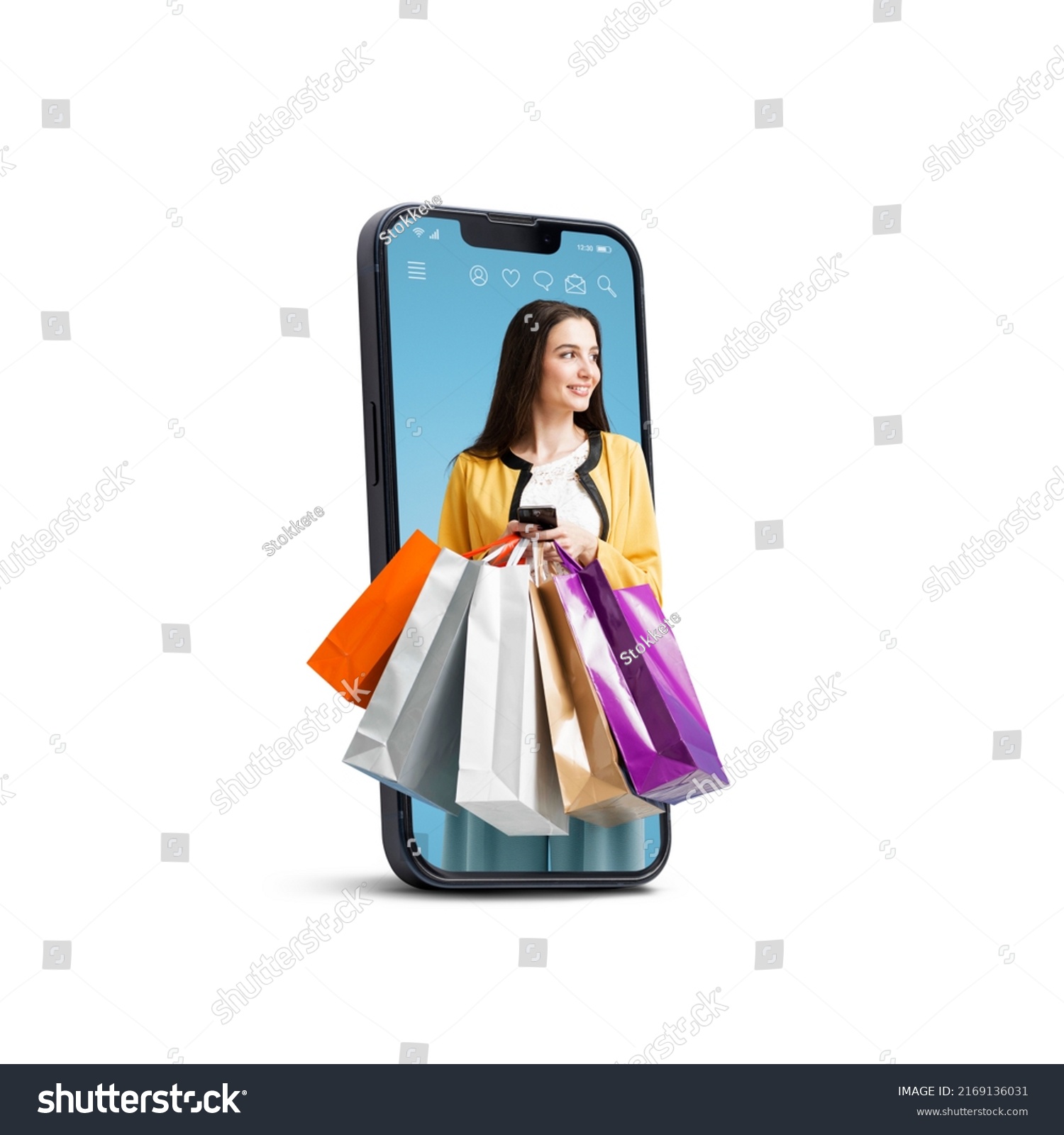 Happy young woman holding many shopping bags in a smartphone screen, online shopping offers, isolated on white background #2169136031