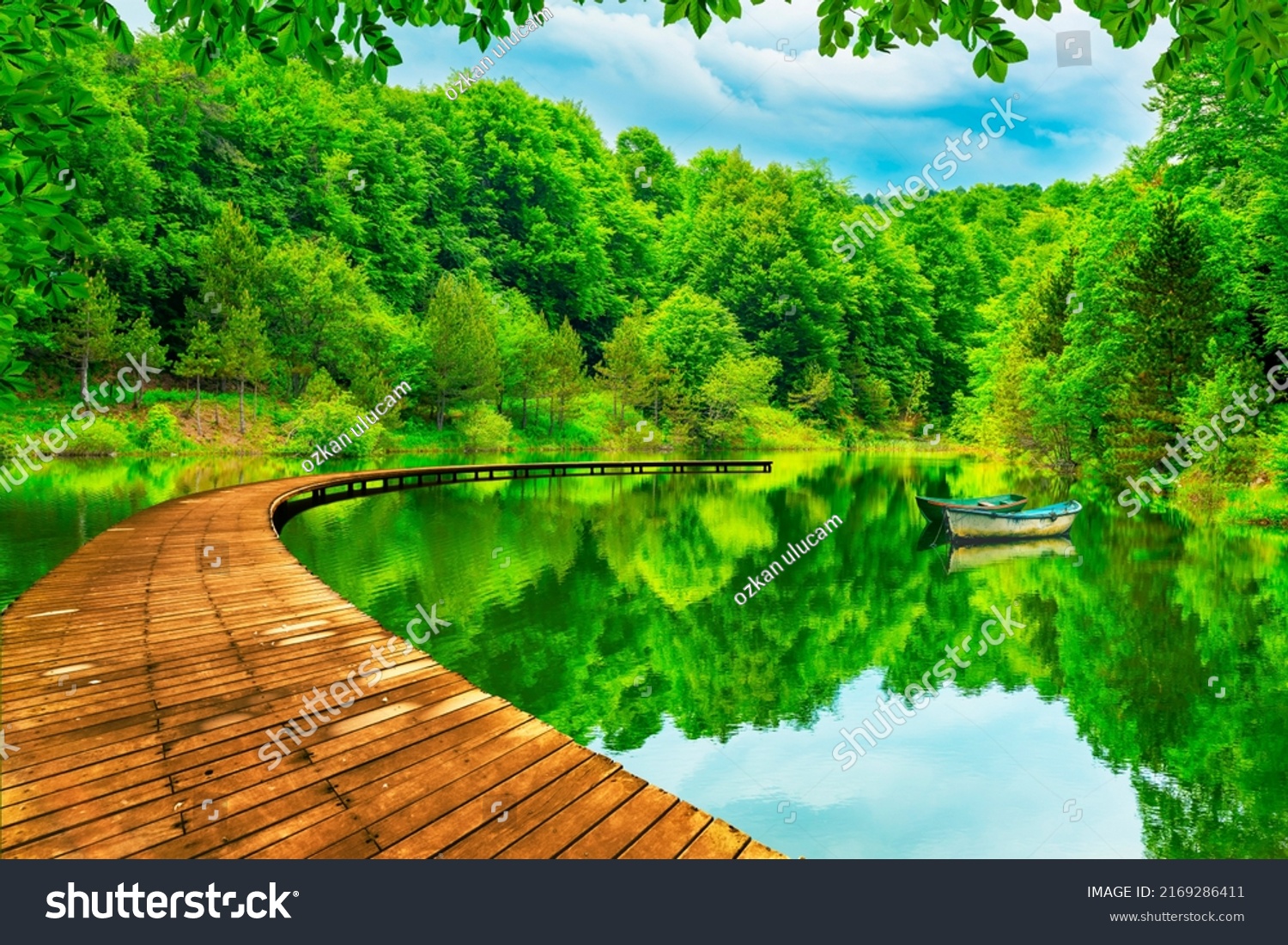 Summer landscape in forest with beautiful lake. view of the lake in the forest. green lake landscape in nature of europe. nature scenery background theme. Nature travel in the forests of Europe. #2169286411