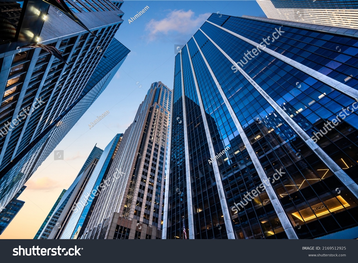 Looking directly up at the skyline of the financial district in central London stock photo #2169512925
