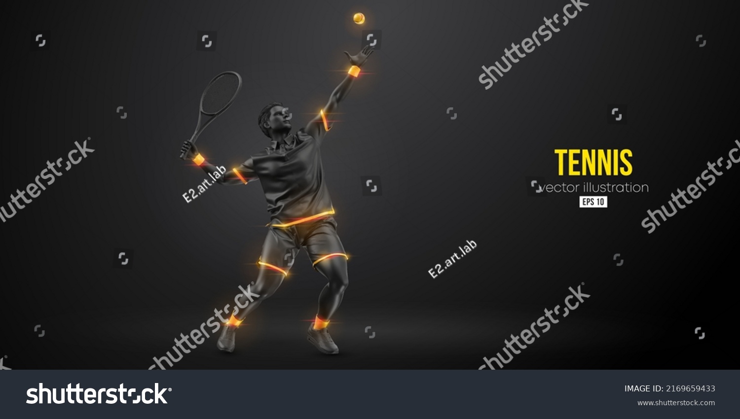 Abstract silhouette of a tennis player on black background. Tennis player man with racket hits the ball. Vector illustration #2169659433