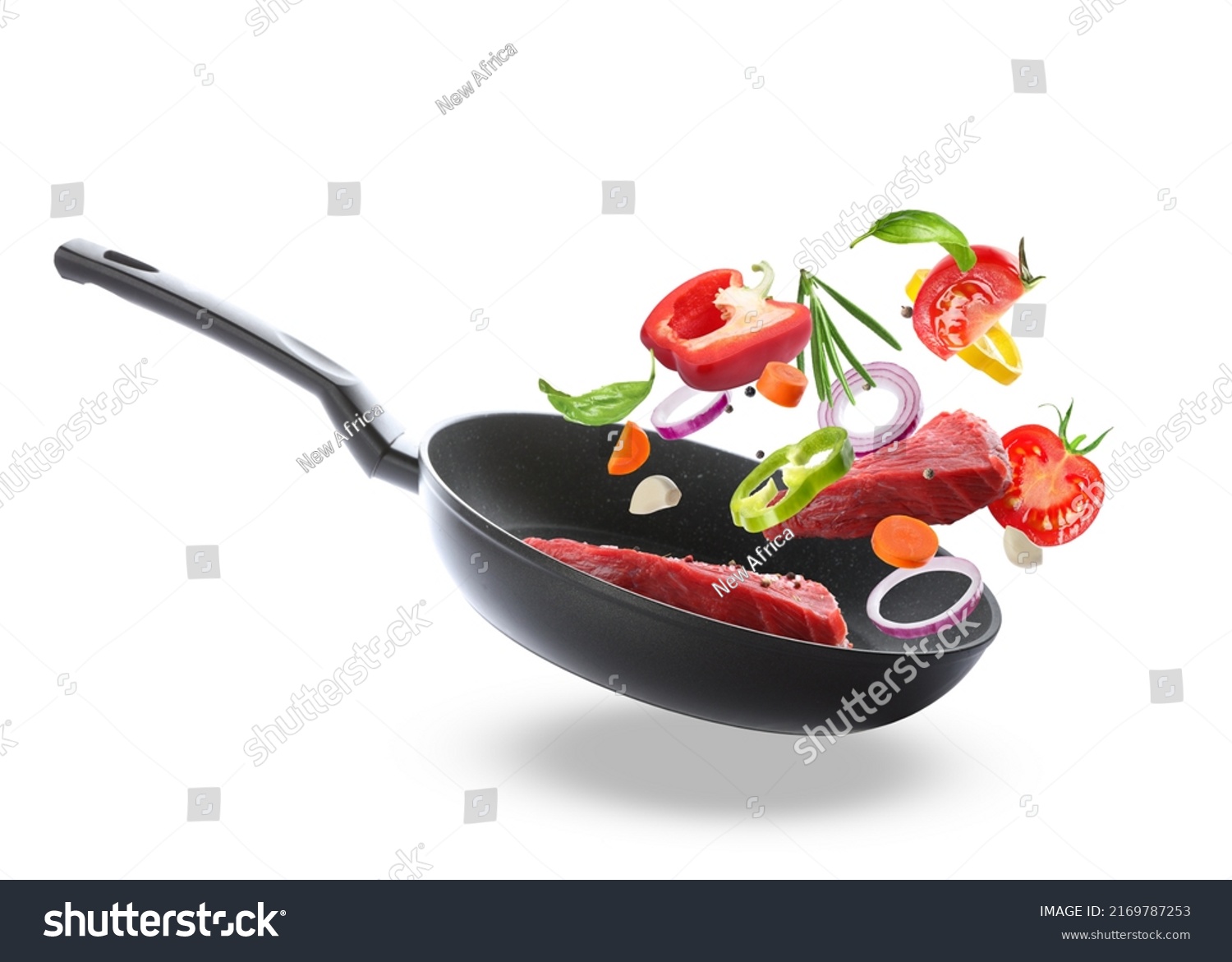 Tasty fresh ingredients and frying pan on white background #2169787253