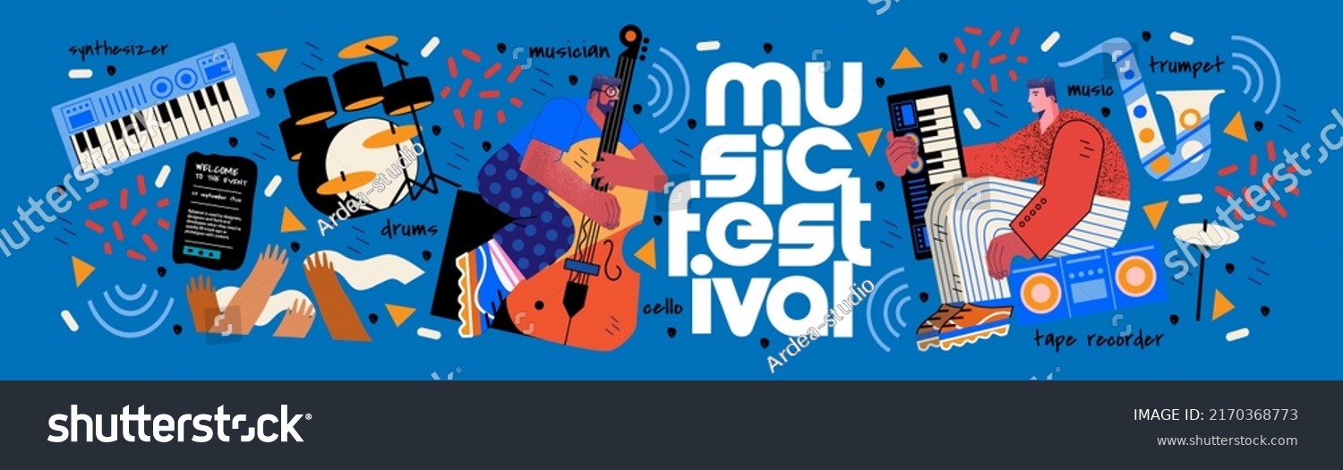 Music festival.Vector illustrations of musicians, people and musical instruments: drums, cello, synthesizer, tape recorder for poster, flyer or background #2170368773